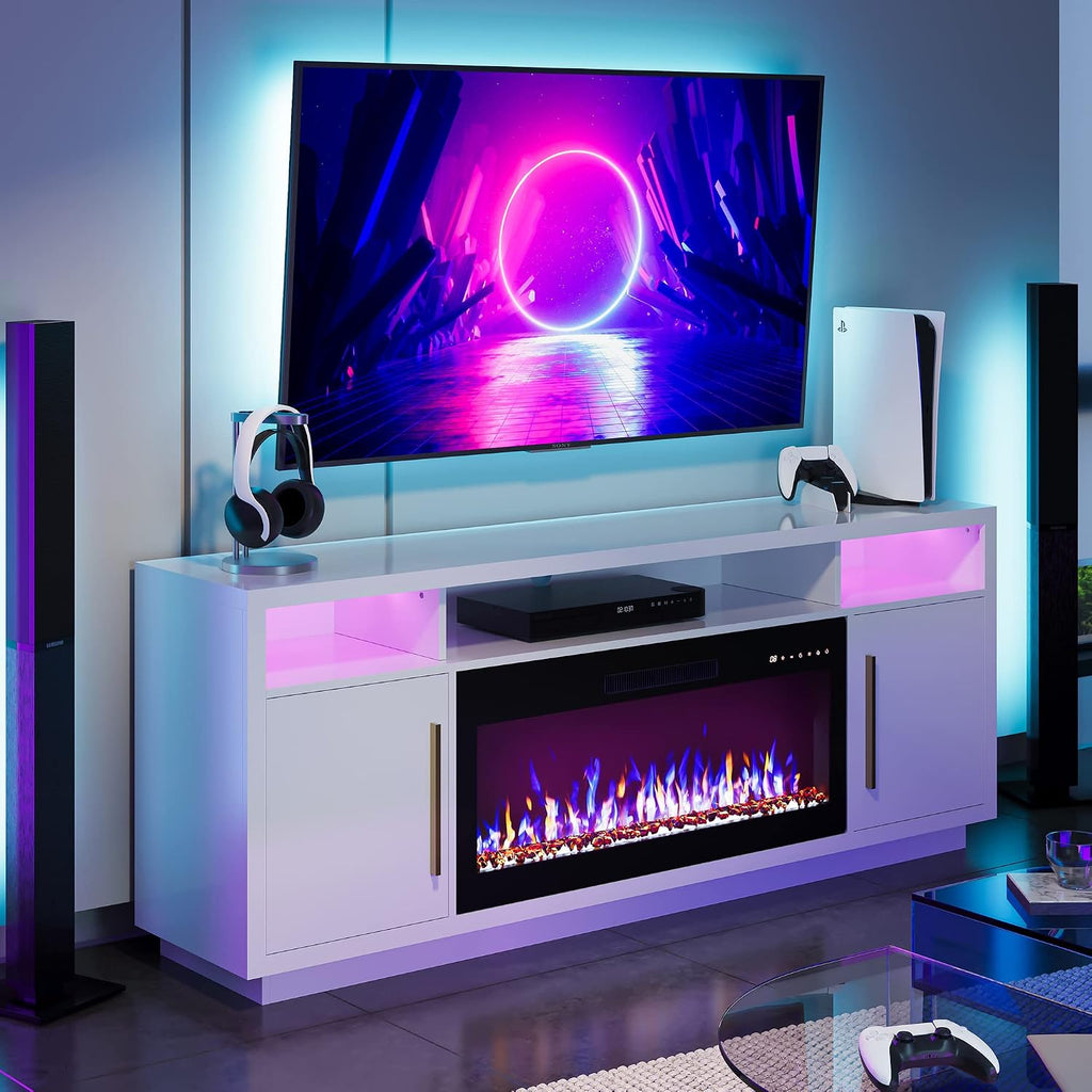 BELLEZE 70' Fireplace TV Stand for TVs Up to 80', LED Light Entertainment Center with 36' Electric Fireplace Heater, Storage Cabinet, Media Console Table for Living Room - Avenue (White)