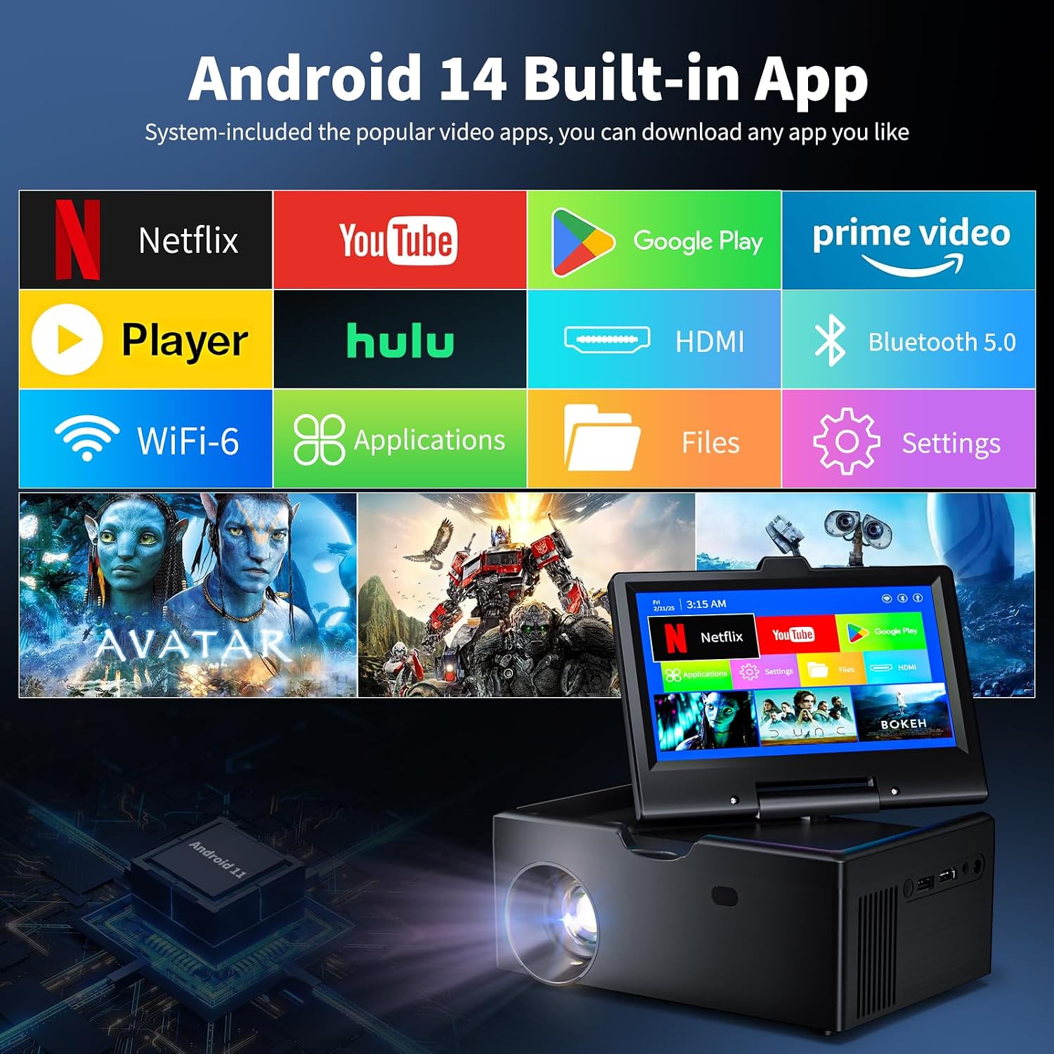 Small Smart TV，Mini TV with 7-inch Touchscreen,Built in Apps,Support SD,WiFi,Bluetooth,USB,HDMI Input，Kitchen TV Also As a Projector,Suitable for Home RVs and Outdoor Use