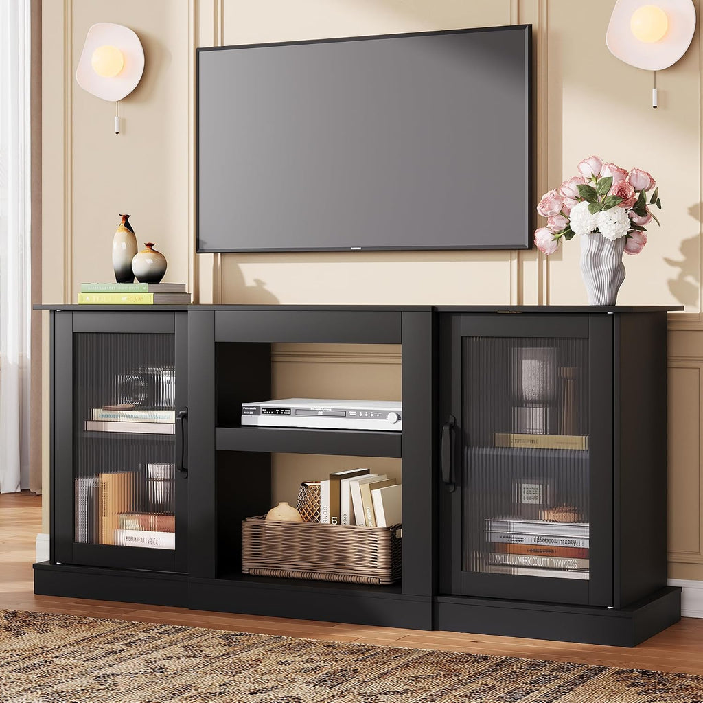 WLIVE Farmhouse TV Stand for 65 inch TV, 58' Entertainment Center with Storage Cabinets, Open Shelves TV Console for Living Room and Bedroom, Black