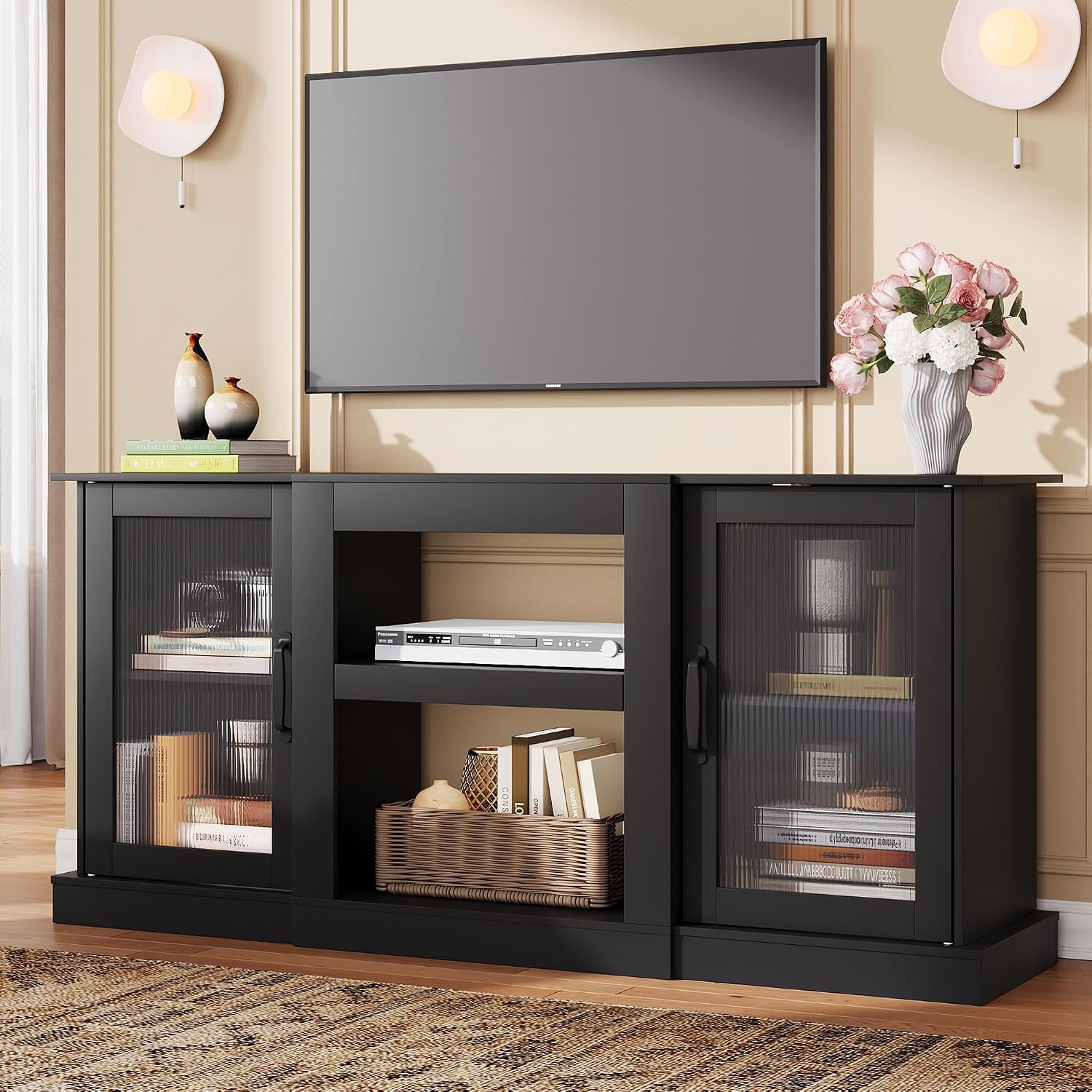 WLIVE Farmhouse TV Stand for 65 inch TV, 58' Entertainment Center with Storage Cabinets, Open Shelves TV Console for Living Room and Bedroom, Black