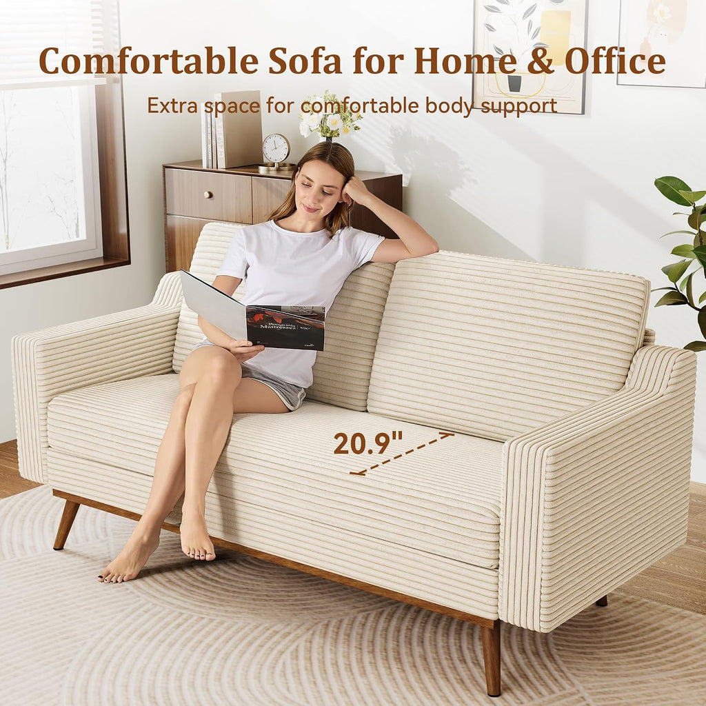 65.4' Loveseat Sofa,Comfy Cream White Corduroy Love Seat Couches for Living Room,Mid Century Modern Small Couch for Bedroom Office with Spring Cushion,Solid Wood Frame,Tool-Free Assembly