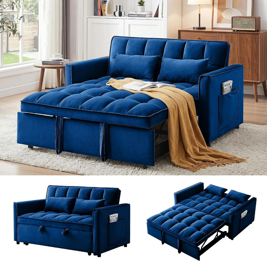3 in 1 Convertible Sleeper Sofa Bed, 55' Pull Out Couches, Modern Loveseat Sleeper Sofa with Adjustable Reclining Backrest & Side Pockets for Living Room, Velvet Fabric, Blue