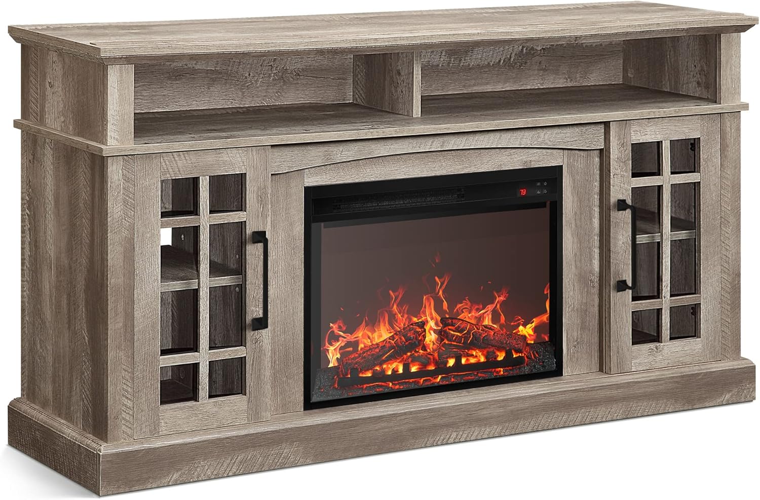 BELLEZE Traditional 58' Rustic TV Stand with 23' Electric Fireplace Heater with Sound, Media Entertainment Center Console Table for TV up to 65' with Open Storage Shelves and Cabinets - Ashland Pine