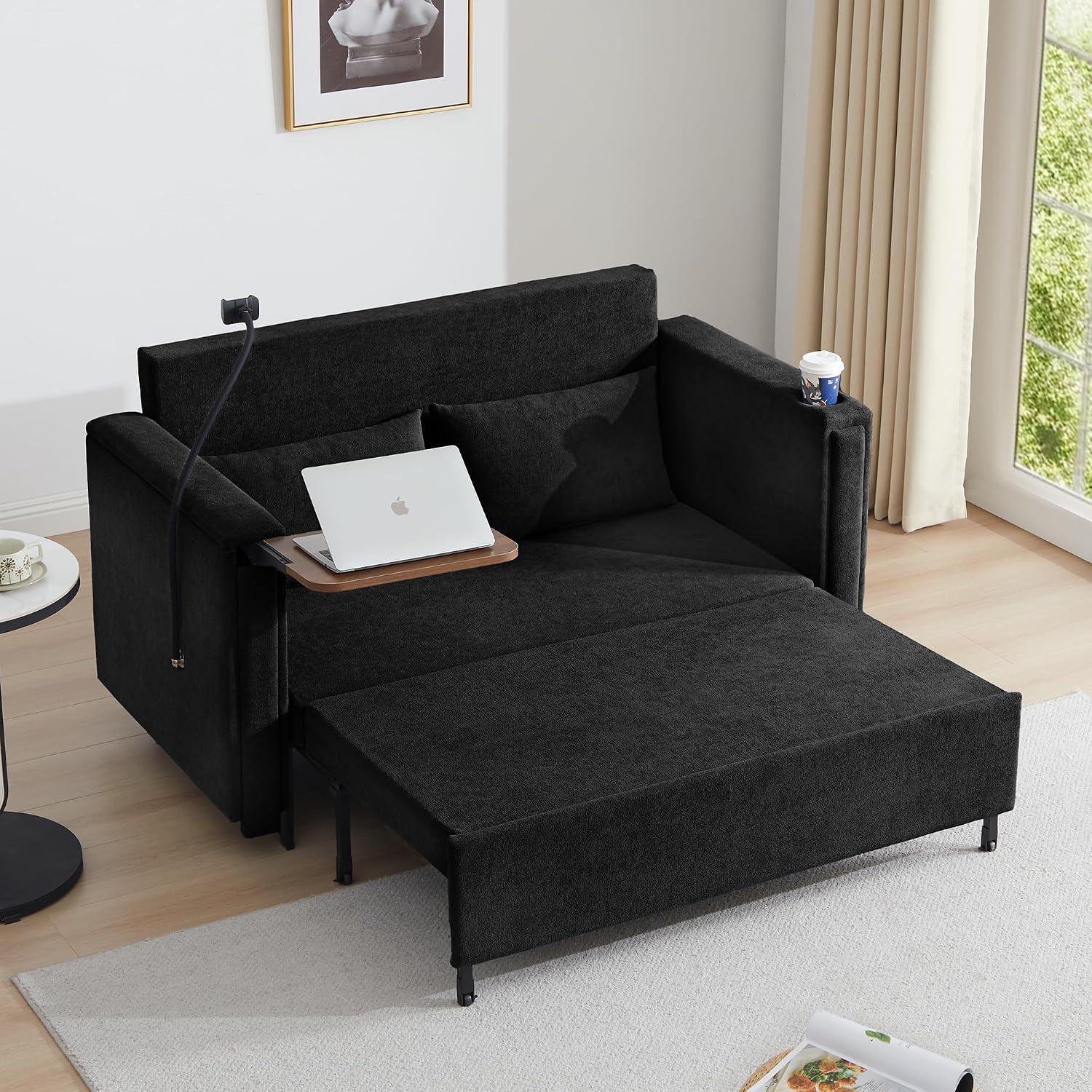 3-in-1 Convertible Sleeper Sofa Couch with Pullout Bed, Loveseat Sleeper Sofa Bed with Hidden Side Table, 56' Full Size Folding Futon Couch for Living Room Guest Room Apartment Home Office (Black)