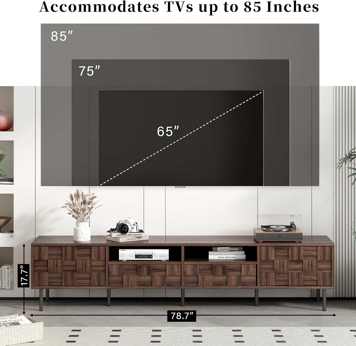 Merax 80' TV Stand for TVs Up to 85', Modern Entertainment Center with 2 Drawers, 2 Doors, and Open Space, Media Console with Unique Mosaic Front Design for Living Room