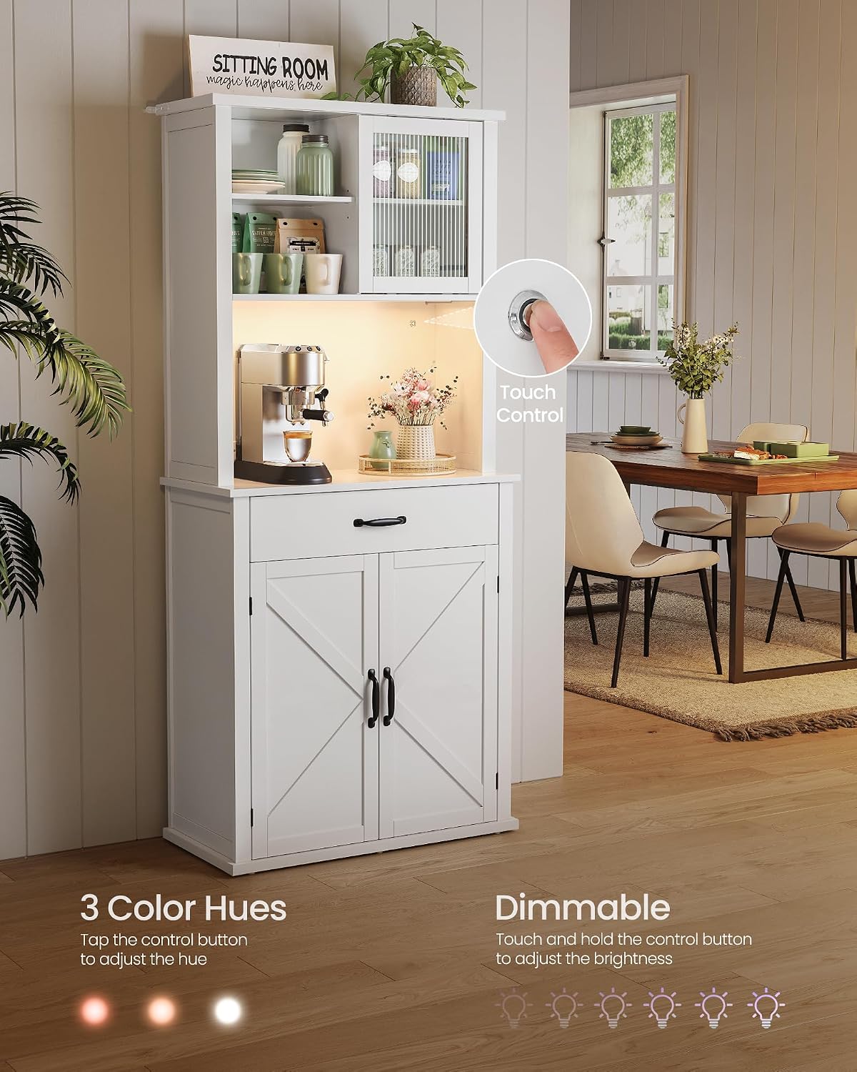 VASAGLE LIRY Collection - 71-Inch Tall Kitchen Pantry Cabinet with Lights and Charging Station, Coffee Bar Cabinet with Doors and Drawer, Farmhouse Style, Adjustable Shelves, Cloud White UBBK363W11