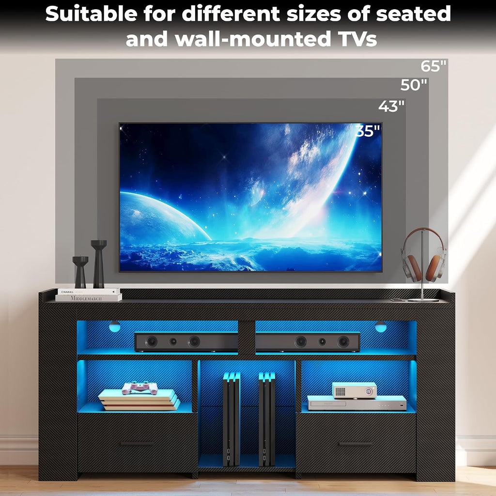 IRONCK TV Stand for 65 Inch TV, Carbon Fiber Entertainment Center with 2 Drawers, Charging Station & RGB LED Light, Gaming Media Console for PS4, Bedroom, Living Room, Black
