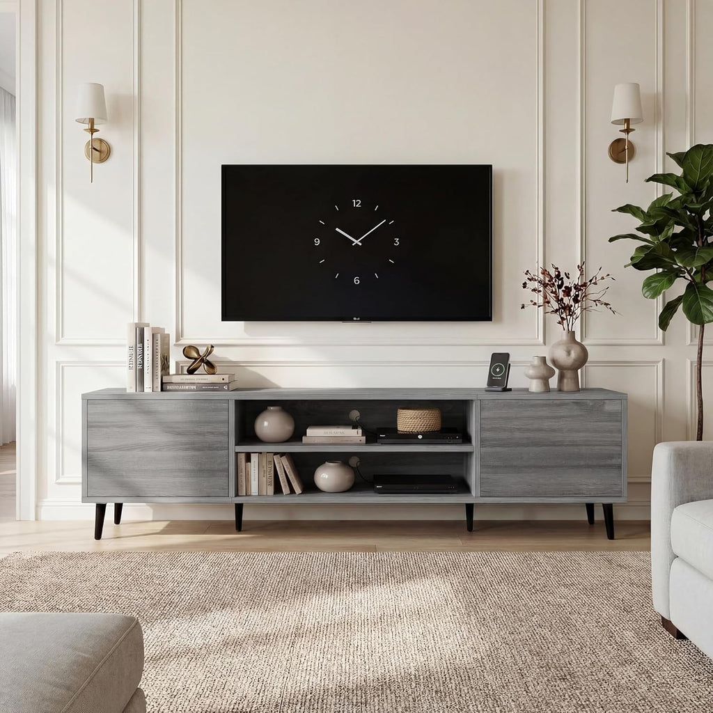 YESHOMY Mid-Century Modern TV Stand for 65-70 Inch TVs, 63 Inch Entertainment Center with Storage, Media Console with Push-to-Open Doors and Cable Management for Living Room, Bedroom(Light Gray)