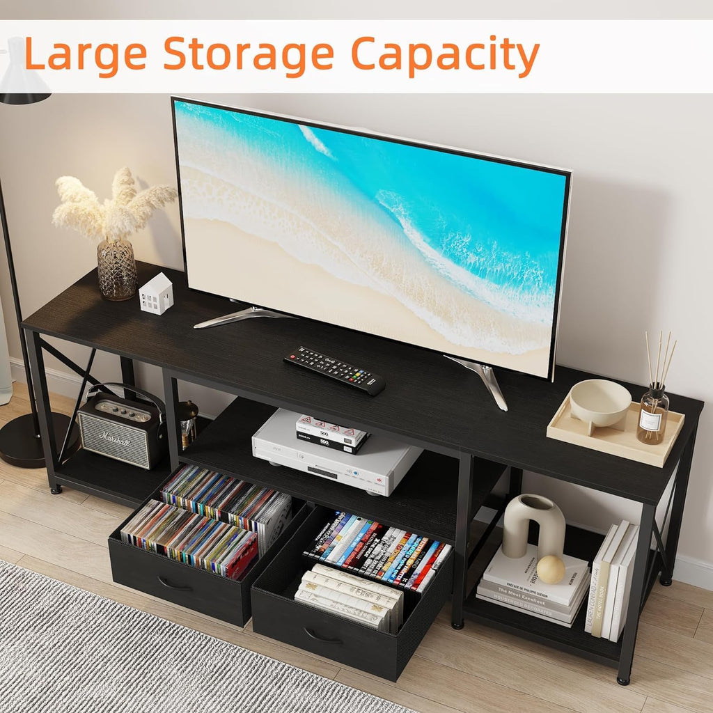 GYIIYUO TV Stand with Fabric Drawer for 50 55 Inches TV - Entertainment Center and Industrial TV Console Table with Open Storage Shelves for Living Room, Bedroom - 47' Black
