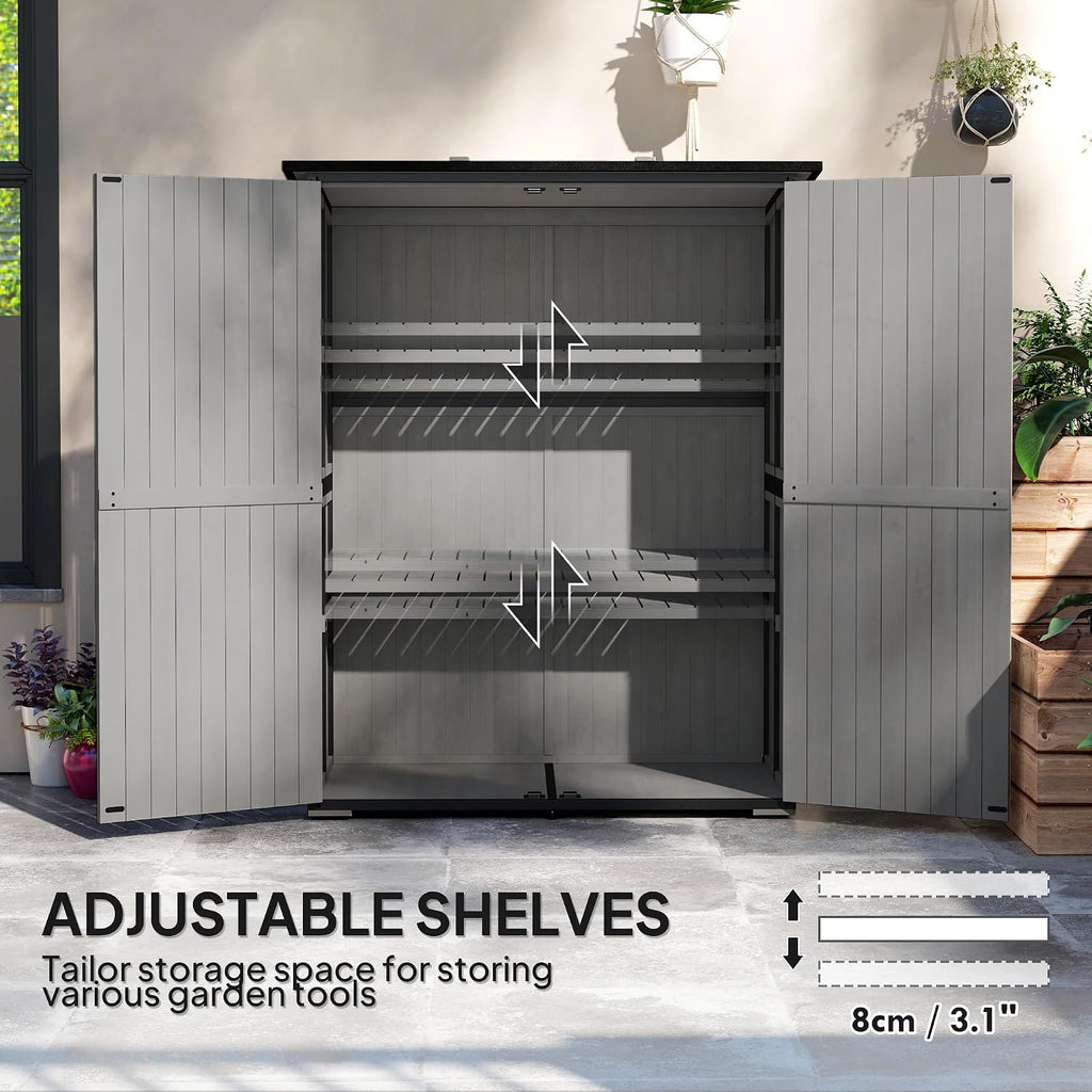 Outsunny Outdoor Storage Cabinet, Wood Garden Tool Shed with Steel Frame and Asphalt Roof, Garden Storage Shed with 2 Shelves, Lockable Doors and Adjustable Feet for Patio Backyard Lawn, Gray