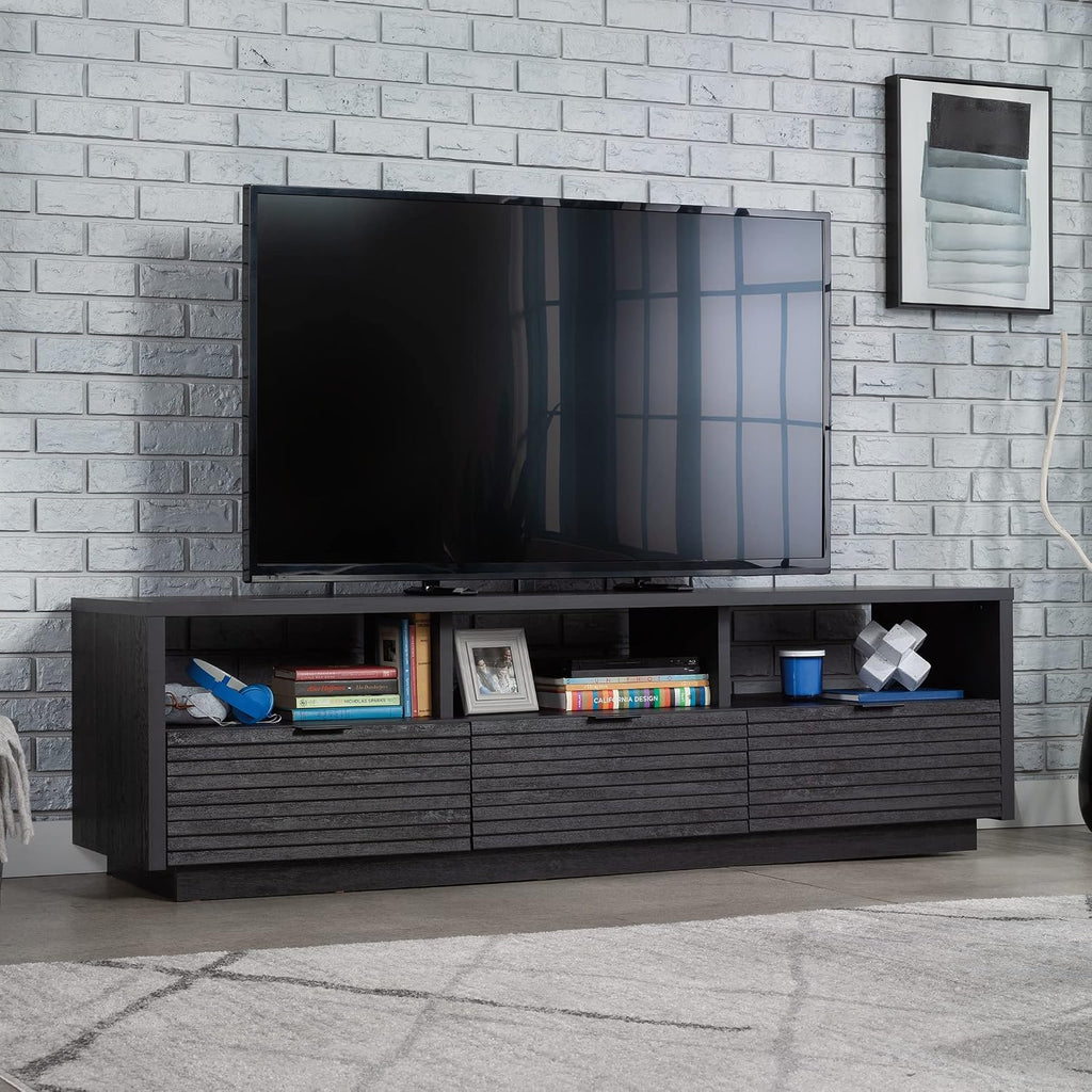 Sauder Harvey Park Modern TV Stand Media Console Credenza with Drawers and Storage Shelves, in Raven Oak