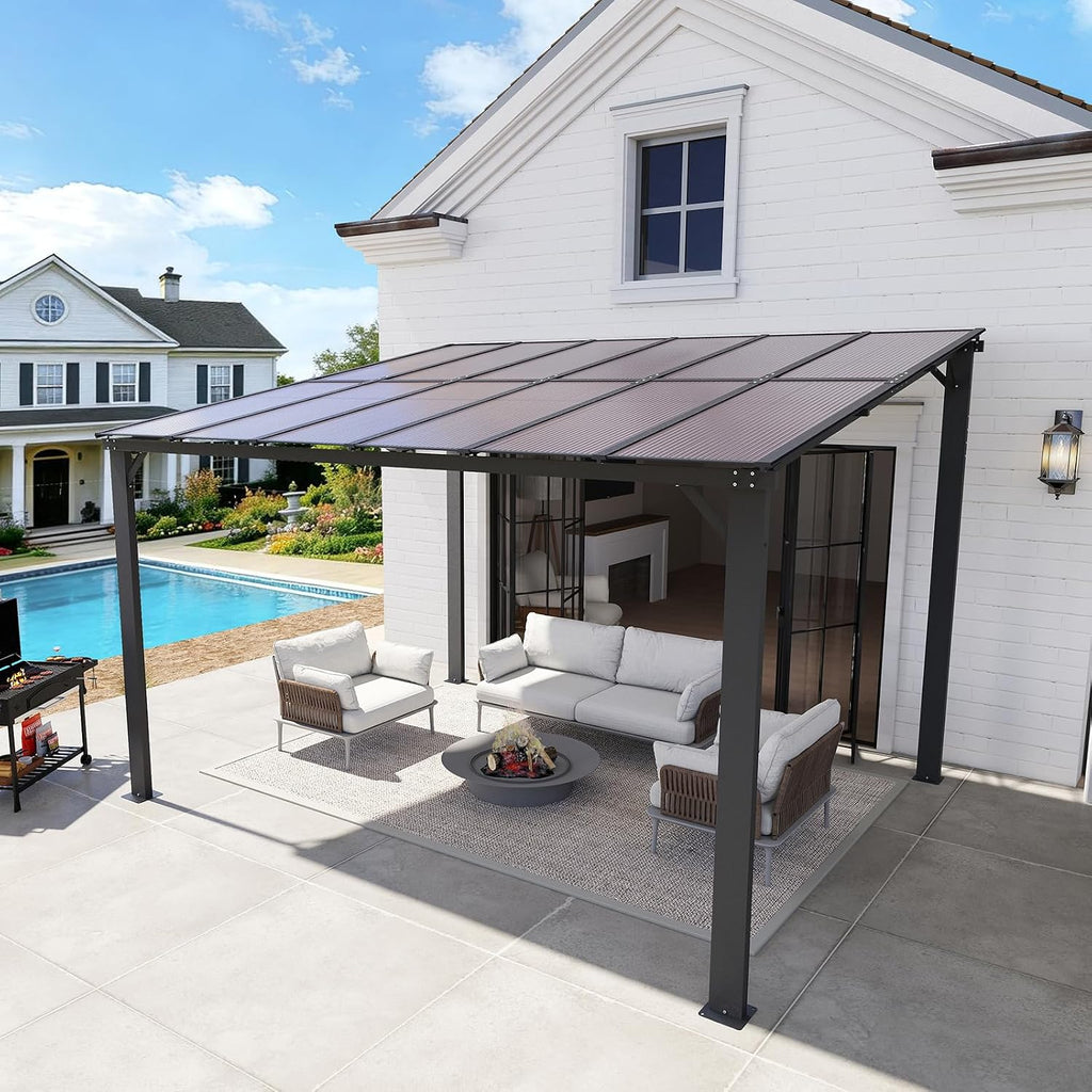 10'×12' Patio Gazebo with Waterproof Fuzzy Strip, Innovative Base Support Pergola, Wall Mounted Gazebo for Backyard, Decks, Garden