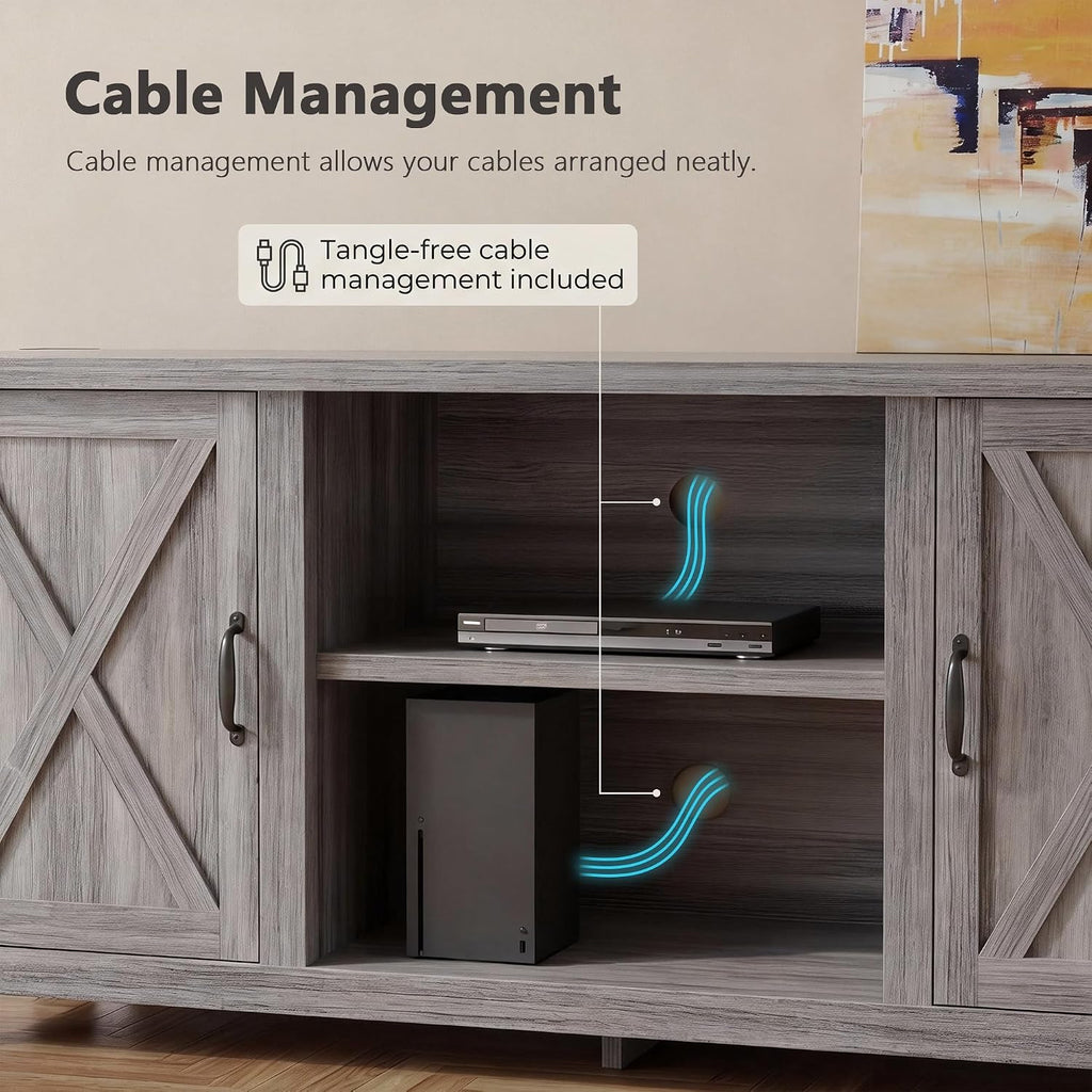 YESHOMY Modern Farmhouse TV Stand with Two Barn Doors and Storage Cabinets for Televisions up to 65+ Inch,Entertainment Center Console Table,Media Furniture for Living Room,Gray & Rustic