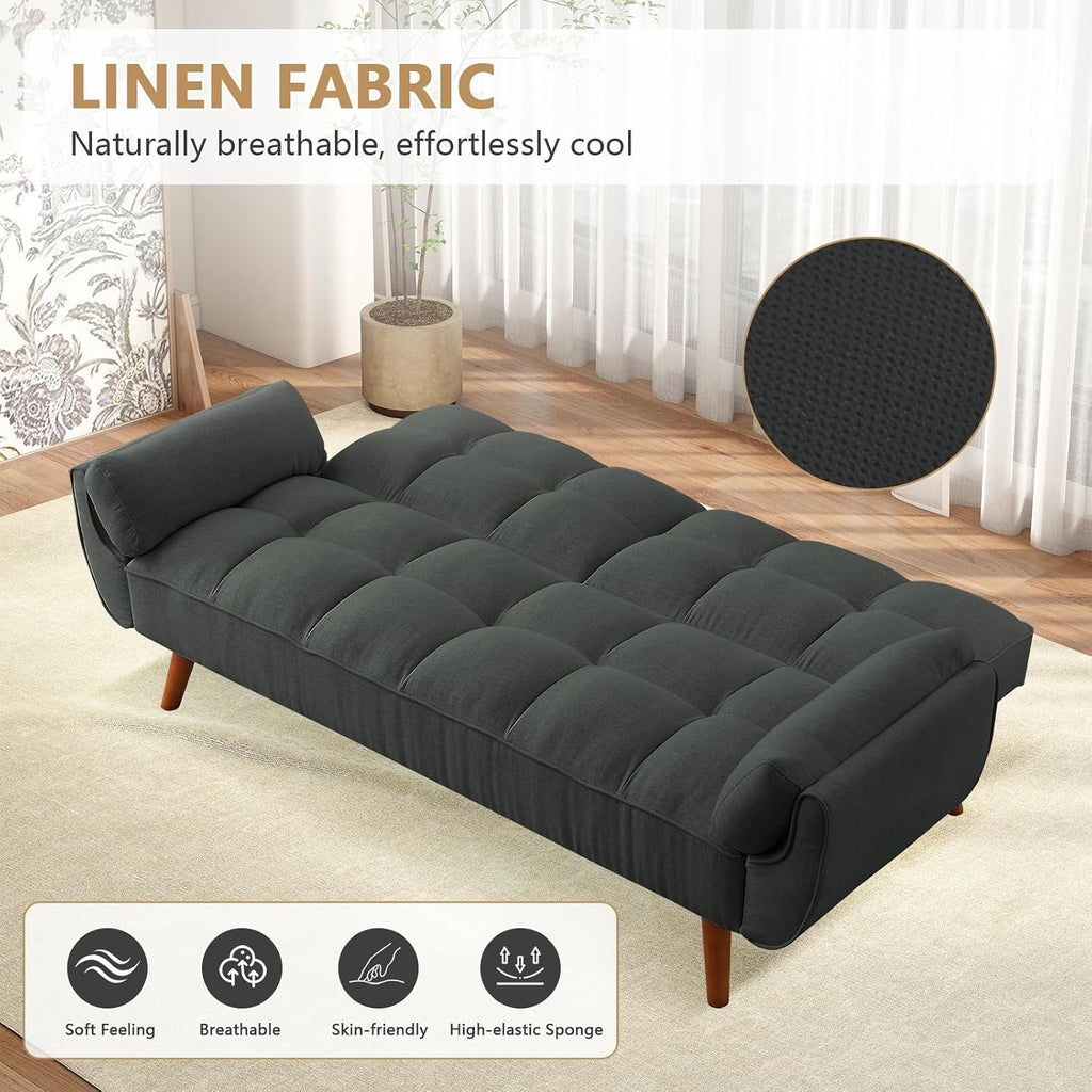 75' Convertible Futon Sofa Bed, Sleeper Couch Bed with Adjustable Backrest, Small Couches for Small Spaces, Living Room, Bedroom and Office (Dark Gray)