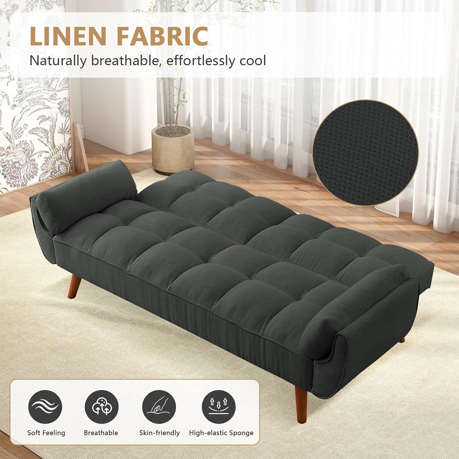 75' Convertible Futon Sofa Bed, Sleeper Couch Bed with Adjustable Backrest, Small Couches for Small Spaces, Living Room, Bedroom and Office (Dark Gray)