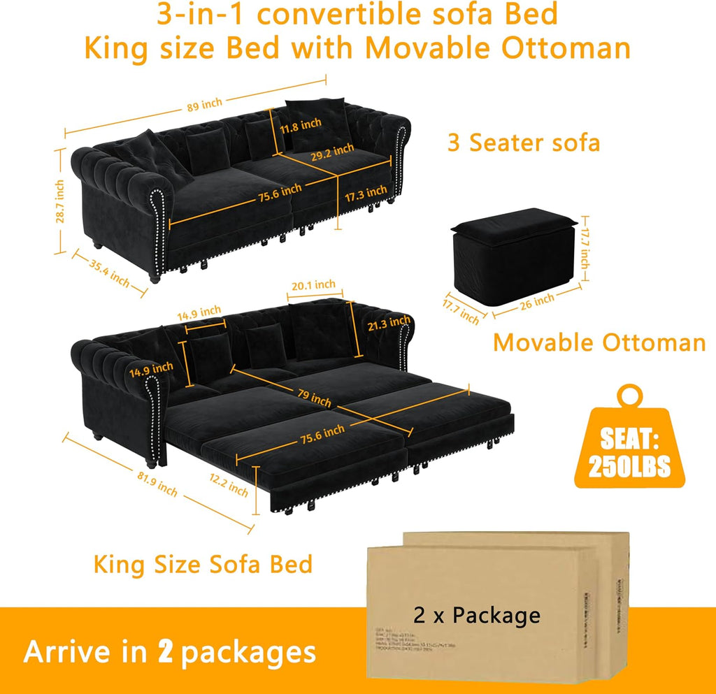 89' King Pull Out Sofa Bed, Velvet Chesterfield Sleeper Sofa Couch, 3 in 1 Convertible Tufted Futon Couches with Ottoman for Living Room, Small Space, Apartment, Office, Bedroom, Black