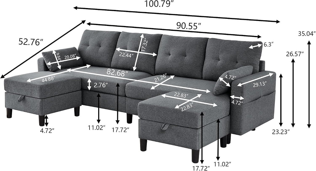 101' Convertible Sectional Sofa, Modern Linen Fabric U-Shaped Couch with 2 Storage Ottomans and Storage Pocket, 4 Seat Sofa Couches for Living Room, Apartment, Office, Darkgrey
