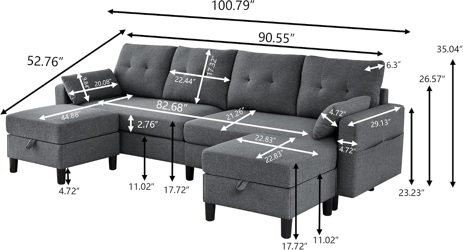 101' Convertible Sectional Sofa, Modern Linen Fabric U-Shaped Couch with 2 Storage Ottomans and Storage Pocket, 4 Seat Sofa Couches for Living Room, Apartment, Office, Darkgrey