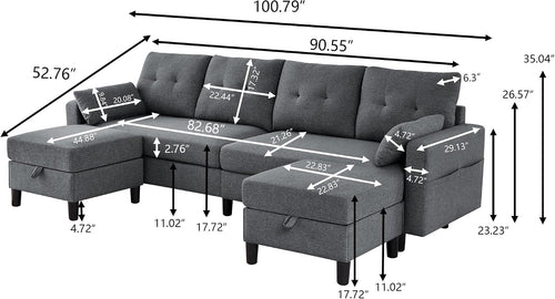 101' Convertible Sectional Sofa, Modern Linen Fabric U-Shaped Couch with 2 Storage Ottomans and Storage Pocket, 4 Seat Sofa Couches for Living Room, Apartment, Office, Darkgrey