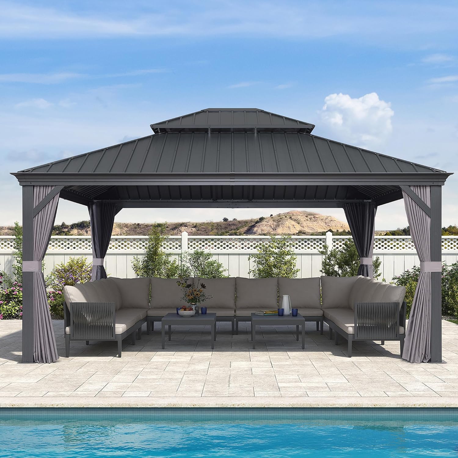 PURPLE LEAF 14' X 16' Outdoor Hardtop Gazebo Aluminum Gazebo with Galvanized Steel Double Roof for Patio Lawn and Garden, Curtains and Netting Included Grey