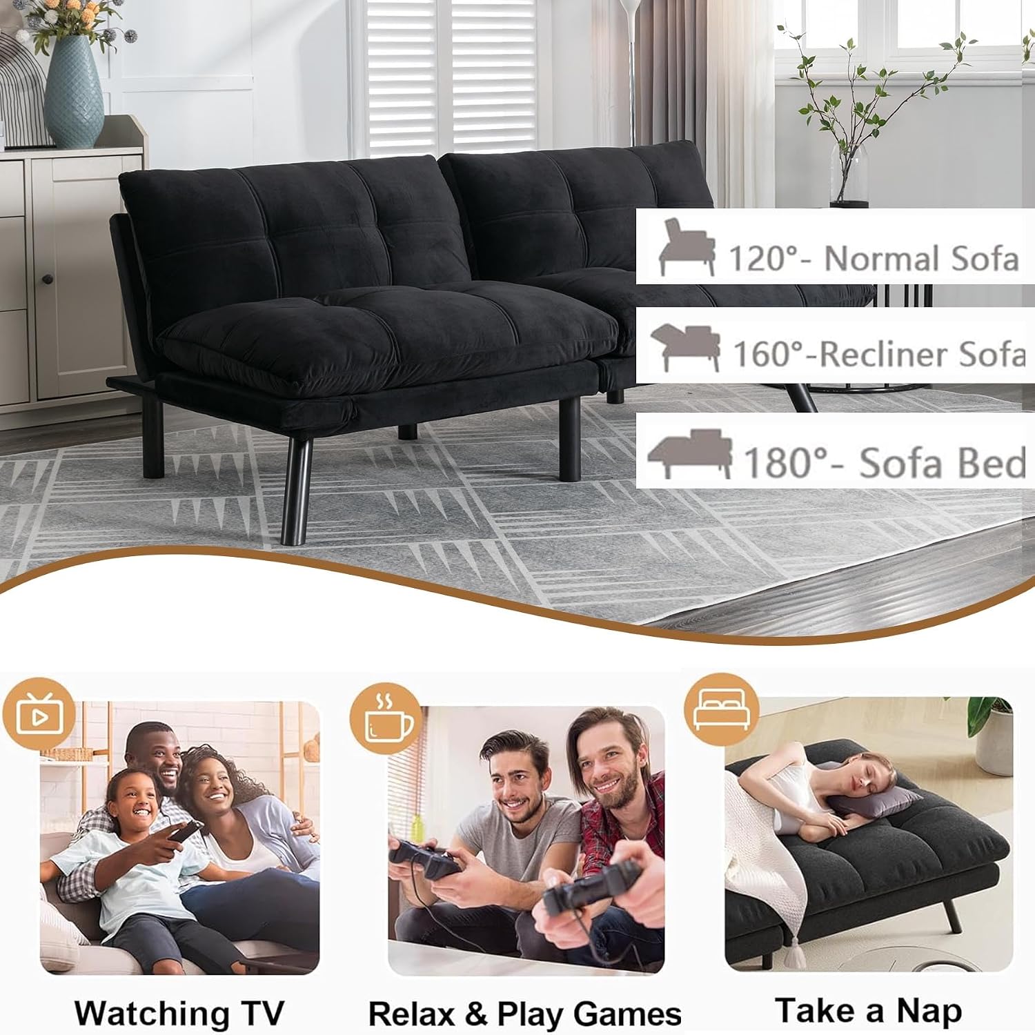 Anwick Velvet Convertible Futon Sofa Bed,71' Modern Comfy Loveseat Sleeper Sofa with Adjustable Backrest Armrest,Folding Futon Sleeper Recliner for Living Room,Office,Apartment (Black)