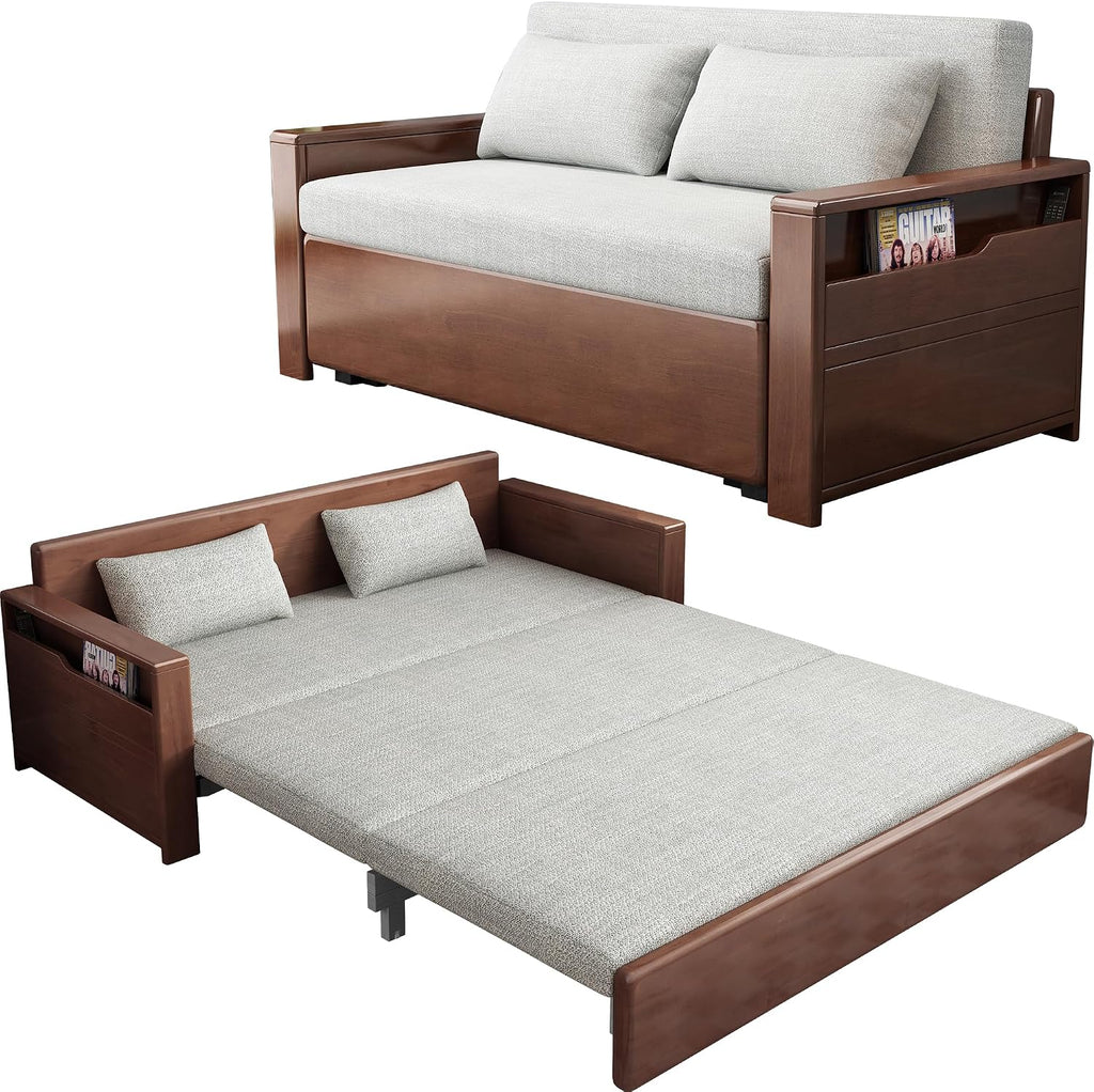 59' convertible sofa sleeper with storage,grey soft cushion sectional sleeper sofa with reversible chaise,walnut color wood sofa bed 3 in 1 pull out couch bed for livingroom,apartment,bedroom,office