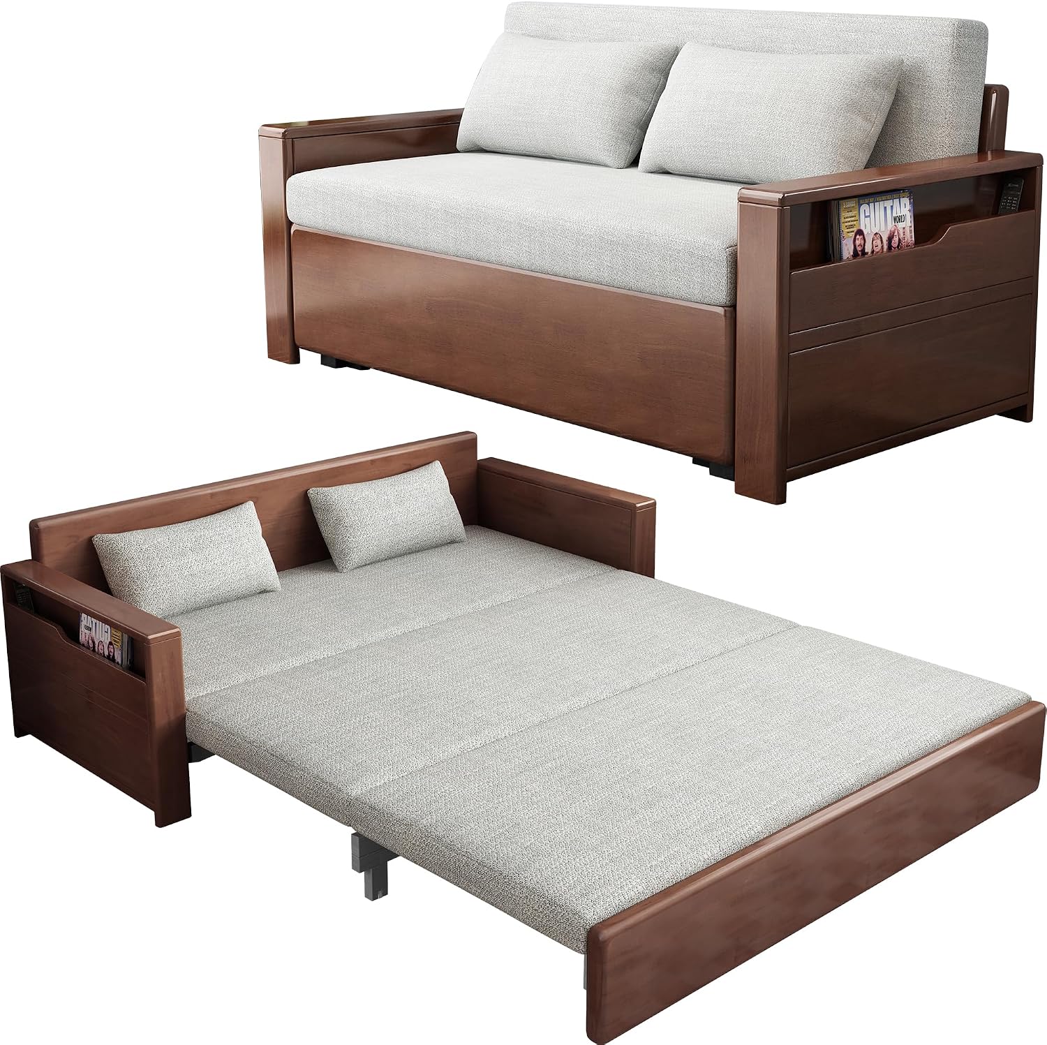 59' convertible sofa sleeper with storage,grey soft cushion sectional sleeper sofa with reversible chaise,walnut color wood sofa bed 3 in 1 pull out couch bed for livingroom,apartment,bedroom,office