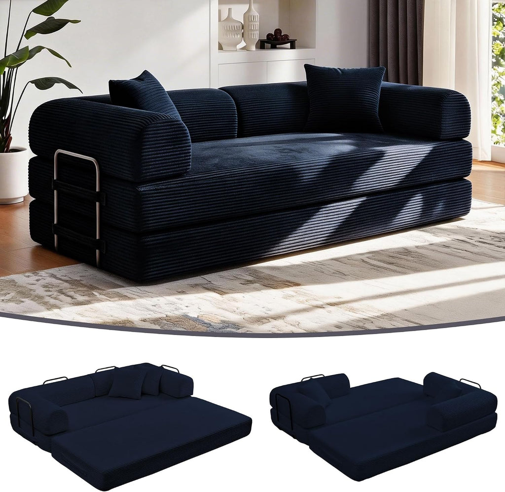 JJJ 78 inch Sofa Bed 4-in-1 Boneless Convertible Corduroy Sleeper Folding Couch with Fixed-Shape Frame and 2 Futons No Assemble Required 3 Seater Upholstered for Living Room (Blue, 78 inch)