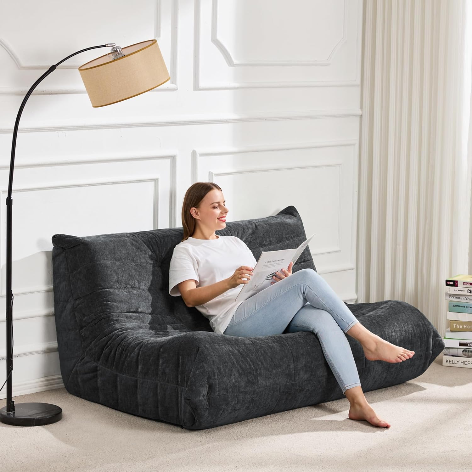 Bean Bag Chairs for Adults Giant Bean Bag Chair Memory Foam BeanBag Chair Bean Bag Sofa with Filler Faux Fur Fireside Beanbags Lazy Sofa for Living Room Bedroom Office (Darkgrey Chenille, Loveseat)
