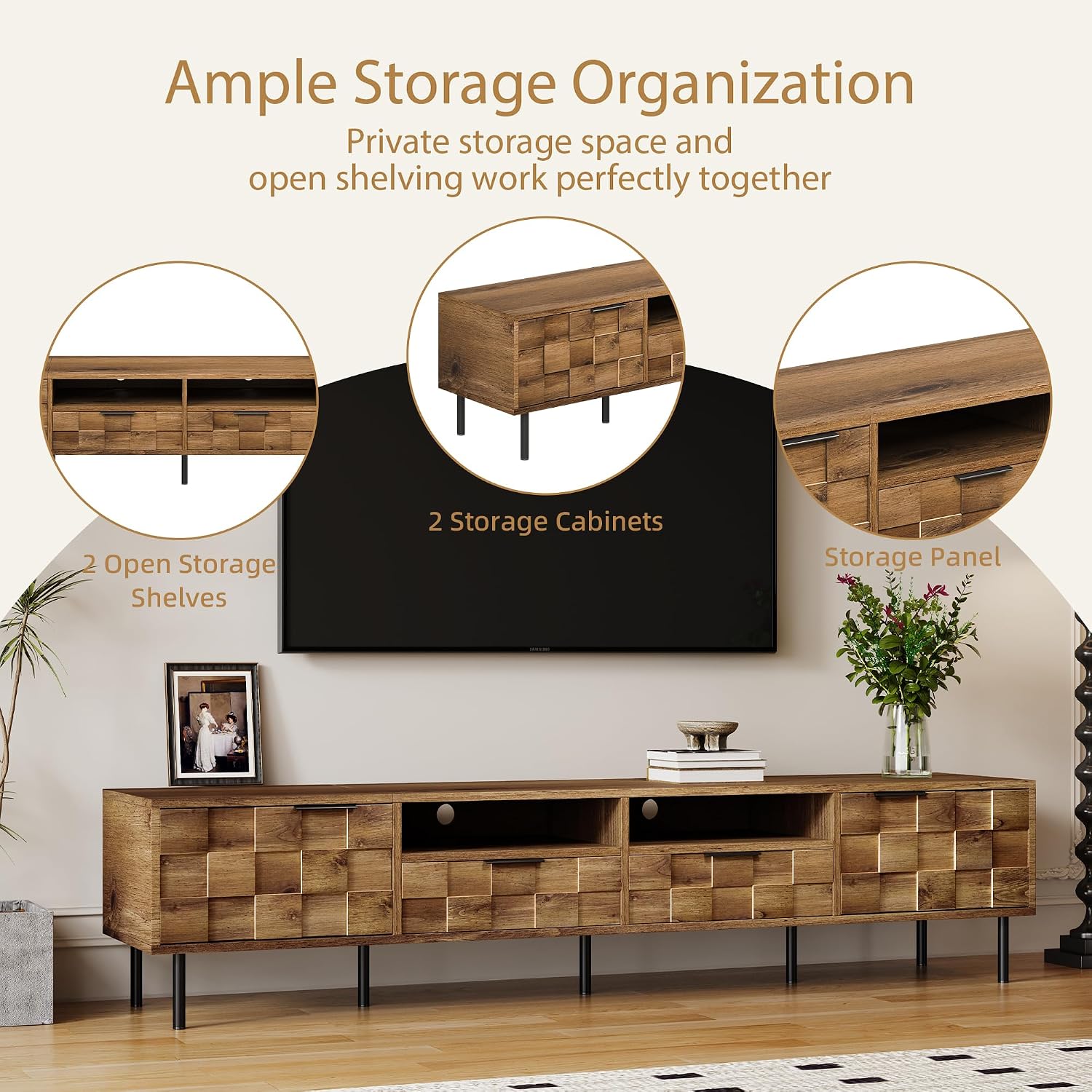 Merax 80' TV Stand for TVs Up to 85', Modern Entertainment Center with 2 Drawers, 2 Doors, and Open Space, Media Console with Unique Mosaic Front Design for Living Room