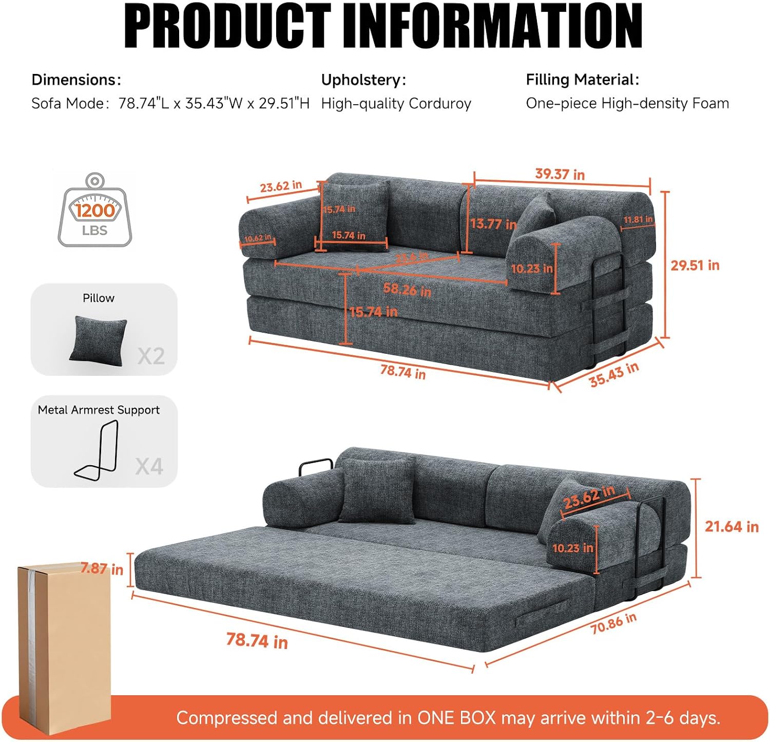 78.8' Memory Foam Boneless Couch, Corduroy Floor Sofa Bed, Convertible Sleeper Futon Loveseat, Wide Armrest & Back Support, Supports Up to 1200lbs, Couch in a Box with 2 Pillows, Charcoal Gray