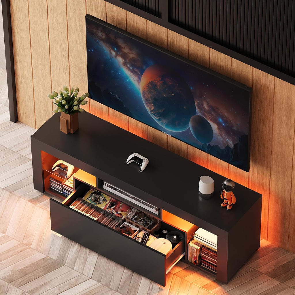 WLIVE TV Stand with LED Lights & 2 Large Storage Drawers, Modern Entertainment Center for 32/43/50/55/60 Inchs TVs, Sturdy TV Console for Living Room, Bedroom(Black)