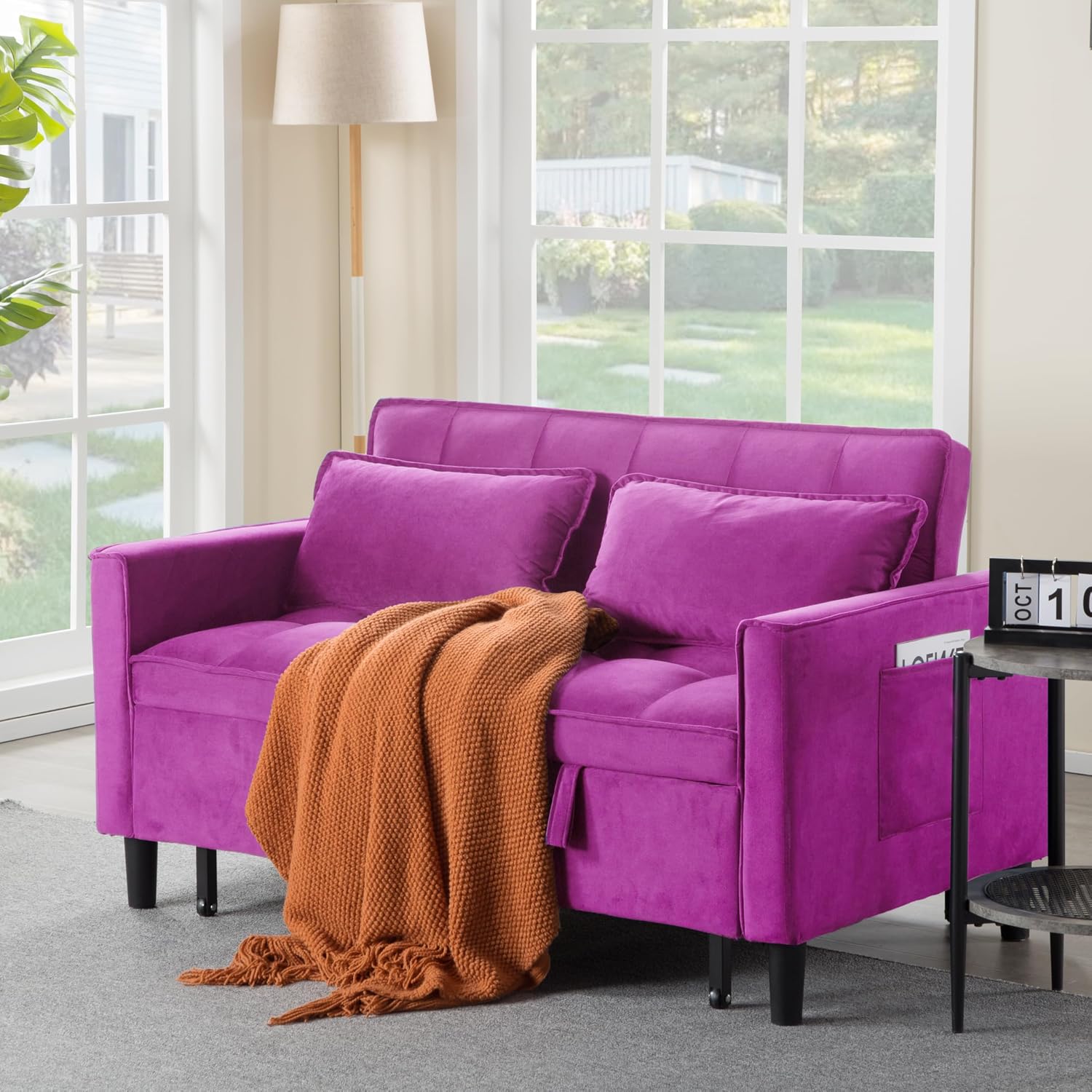 3 in 1 Convertible Sofa Bed, Loveseat Sleeper Sofa with Large Side Pockets, Pull Out Couch with Adjustable Backrest, Easy Assembly, Velvet Couch Bed for Small Spaces, Apartment, Deep Pink