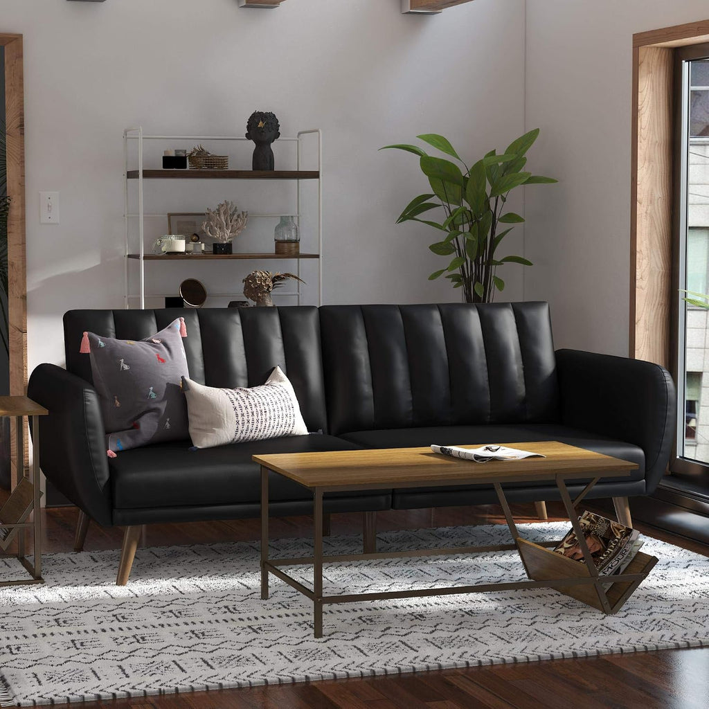 Novogratz Brittany 82 Inch Futon Sofa Bed in Faux Leather, Upholstered Couch Sleeper with Tufted Back, Mid-Century Modern Design, Black