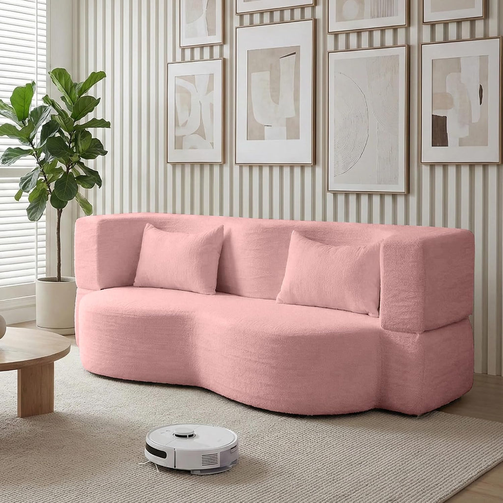 2-in-1 Convertible Sofa,78 Inch Pull Out Sofa Folding Sofa Bed with 2 Pilow Lazy Sofa, Teddy Loveseat Sleeper Floor Sofa for Apartment Children's Room Bedroom Living Room (Teddy, Pink)