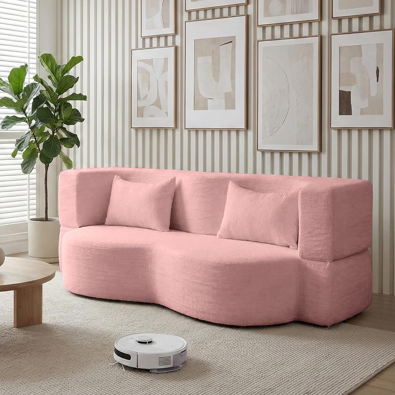 2-in-1 Convertible Sofa,78 Inch Pull Out Sofa Folding Sofa Bed with 2 Pilow Lazy Sofa, Teddy Loveseat Sleeper Floor Sofa for Apartment Children's Room Bedroom Living Room (Teddy, Pink)