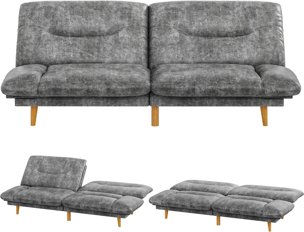 JUMMICO Convertible Futon Sofa Bed, Sleeper Futon Couch with Adjustable Backrest and Armrests, Modern Loveseat with Sturdy Wood Frame for Small Spaces, Apartments (Leathaire, Gray)