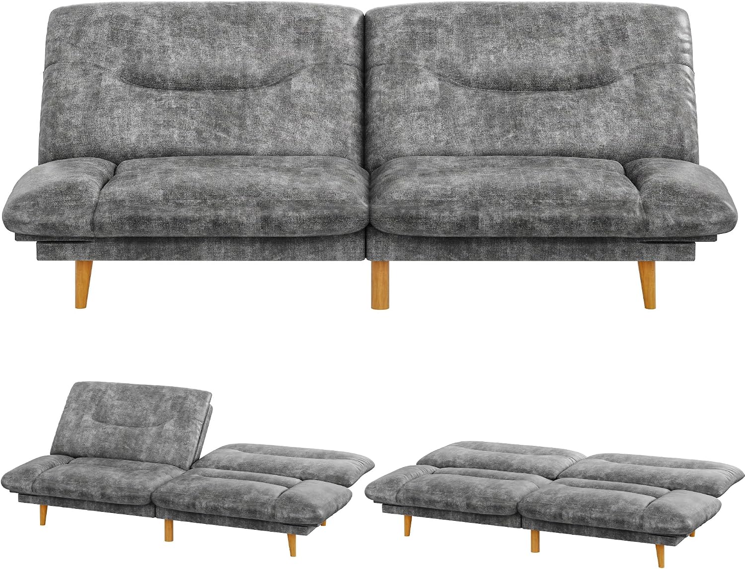JUMMICO Convertible Futon Sofa Bed, Sleeper Futon Couch with Adjustable Backrest and Armrests, Modern Loveseat with Sturdy Wood Frame for Small Spaces, Apartments (Leathaire, Gray)