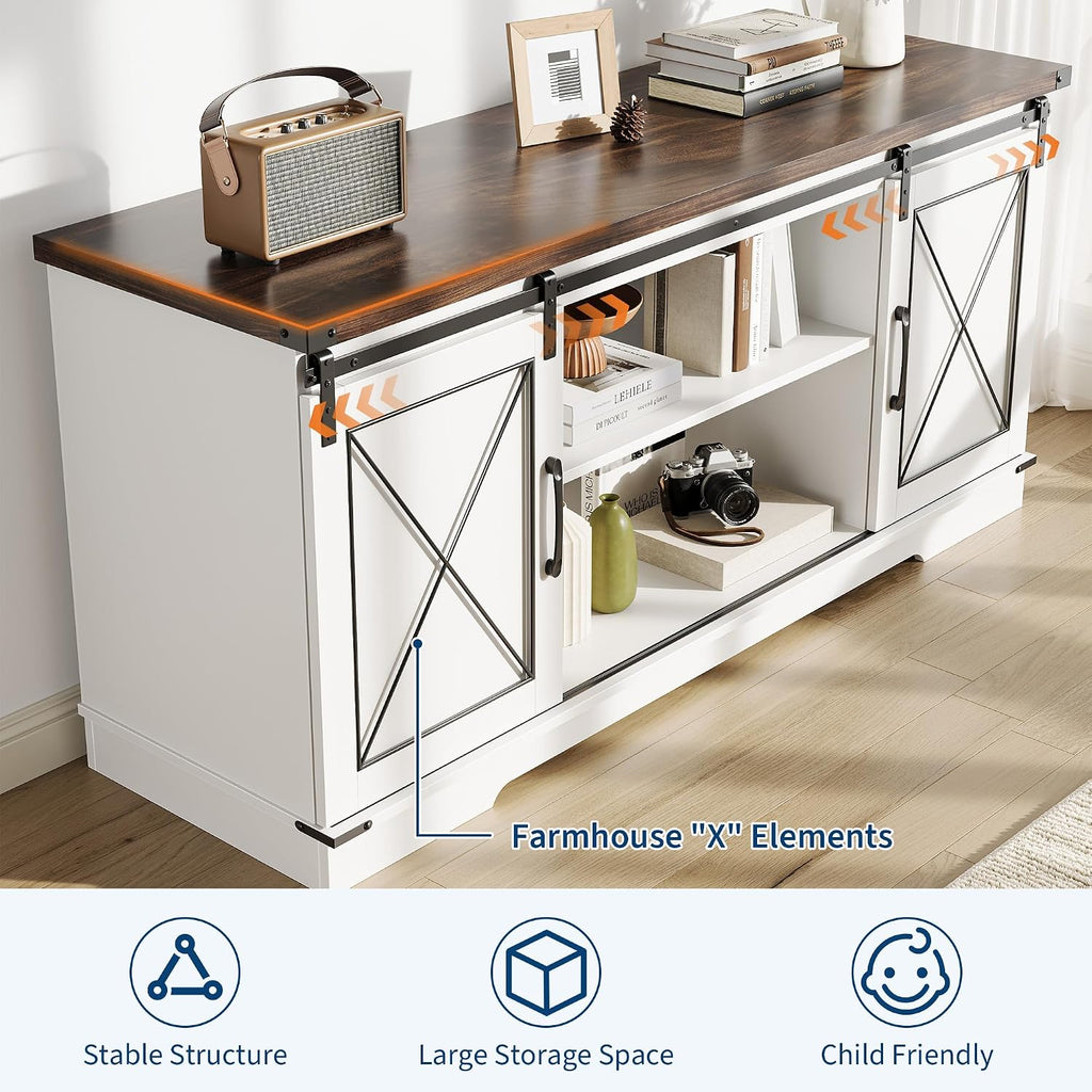 IDEALHOUSE Farmhouse TV Stand and Entertainment Center for Tv up to 65 inches with Sliding Barn Doors, Tv Media Console Table with Storage Cabinet for Living Room, White & Brown