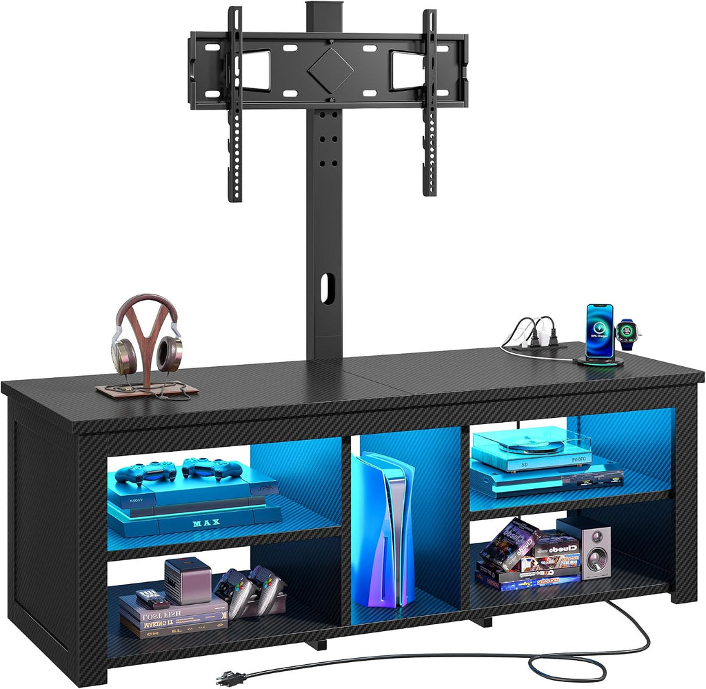 TV Stand with Mount for 55/65 Inch TVs,Wood TV Stands for Living Room with Power Outlet & LED Entertainment Center Gaming Console for Bedroom, Height Adjustable Swivel TV Mount, Carbon Fiber Black