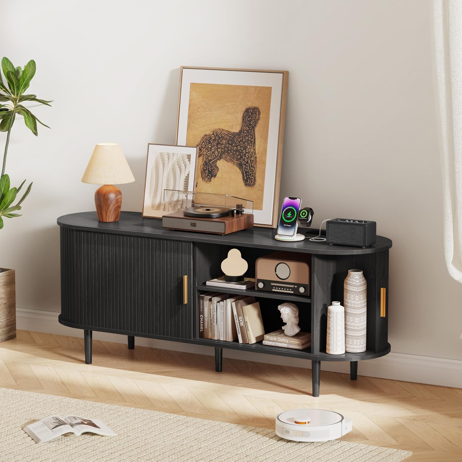 DHH 55 Inch Mid Century Modern TV Stand with Power Outlet for TVs up to 60 Inch, Entertainment Center with Storage and Adjustable Shelves, Media Console with Sliding Doors for Living Room(Black)