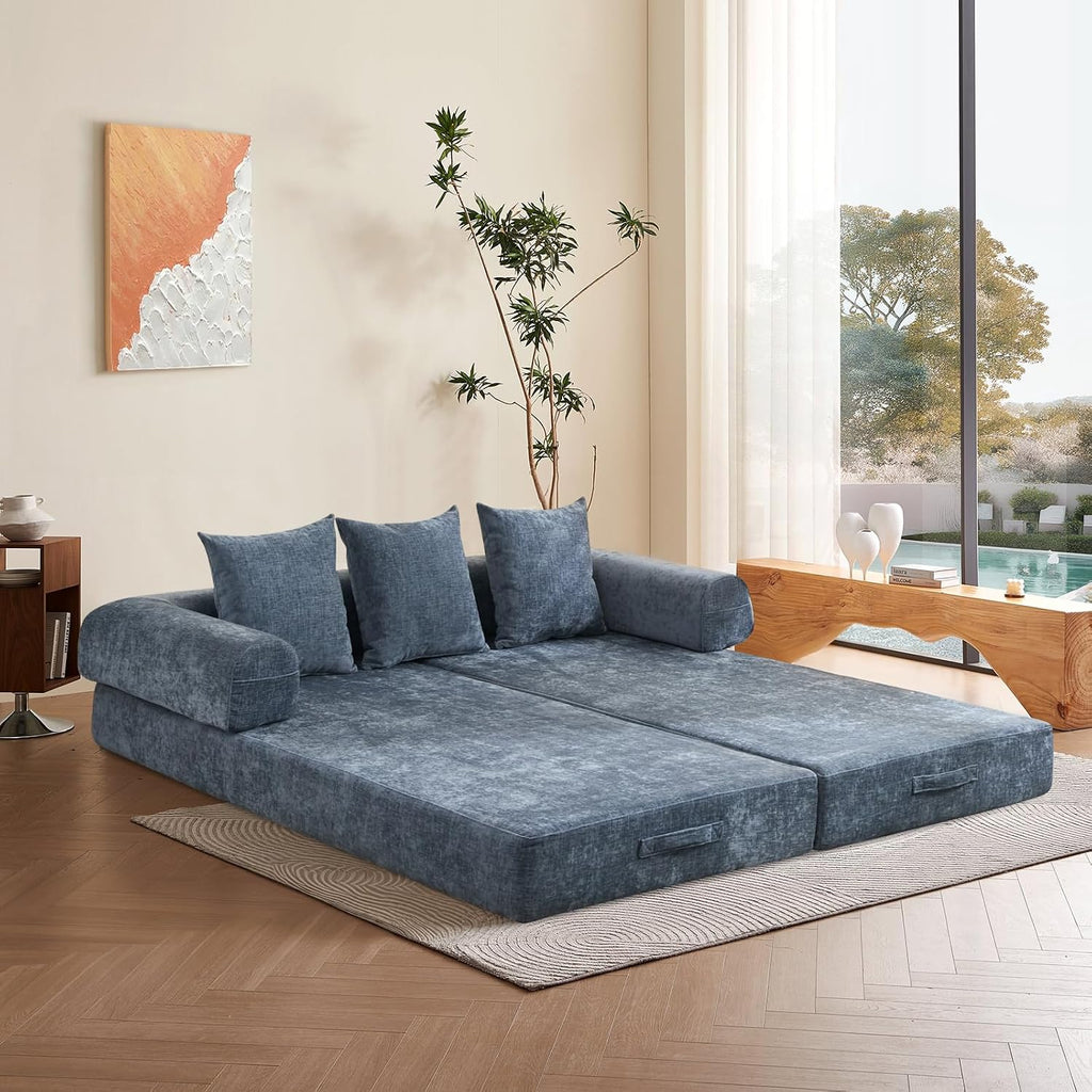 Futon Sofa Bed, Modular Convertible Folding 3 Seater Chenille Foam Floor Loveseat Sleeper Sofa Couch with 3 Pillows, No Assembly Compressed Boneless Couch, for Living Room Bedroom Guest Room, Blue