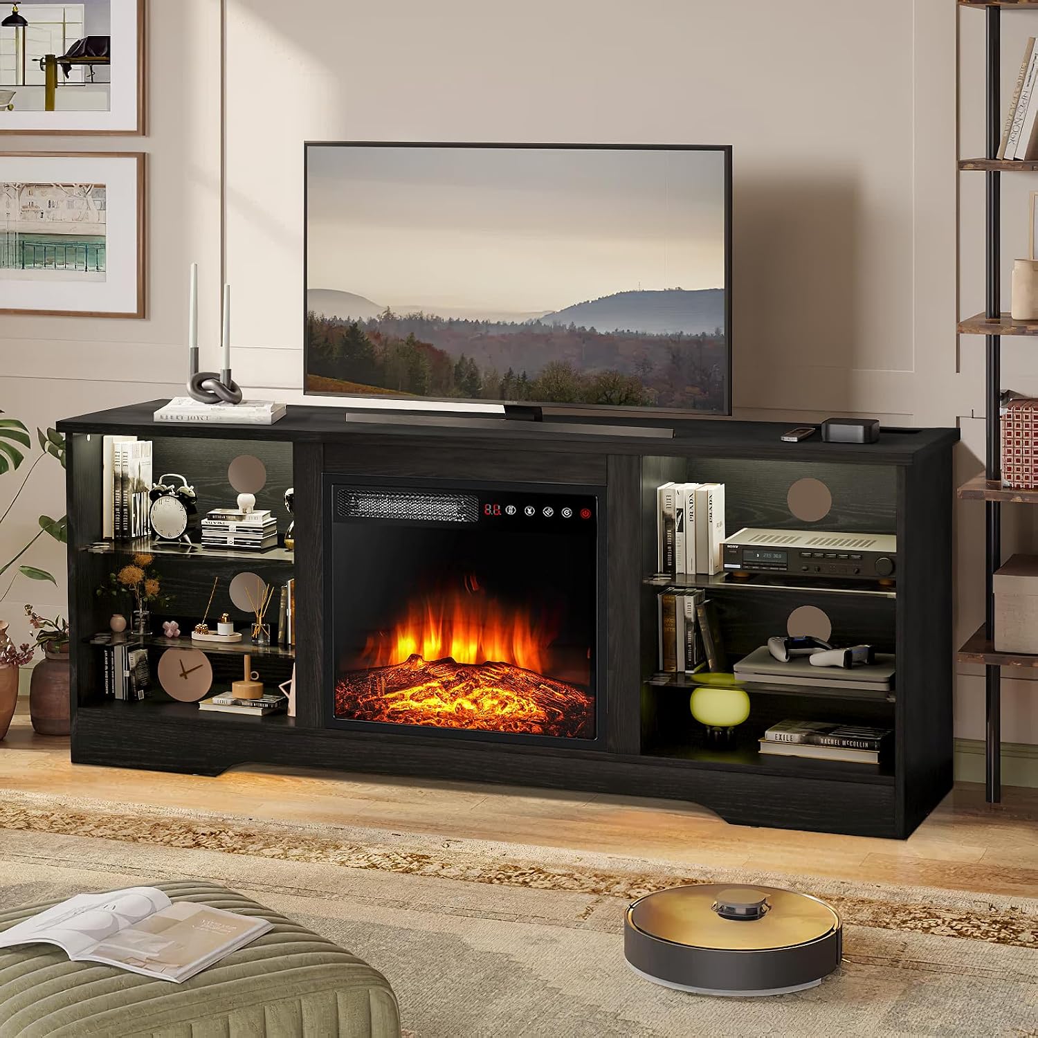 LEMBERI 58 Inches Fireplace TV Stand for TVs up to 65 Inches Console with 18'' Electric Fireplace & Remote, Wooden Modern Entertainment Center for Living Room with LED Light Glass Shelves (Black)