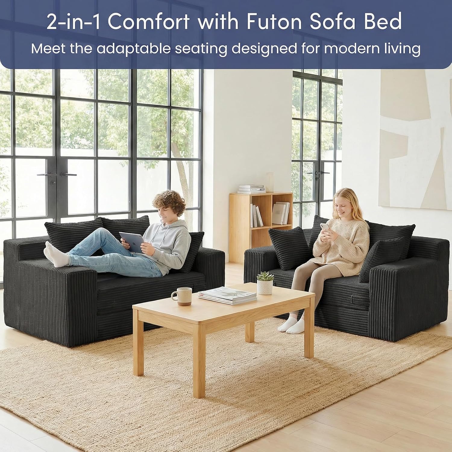 cidludto Boneless Couch Loveseat Sleeper, Convertible Sofa Bed Folding Couch Bed Foldable, 2 in 1 Boneless Chair Bed & Futon Sofa Bed, Small Pull Out Sofa with 4 Pillows for Living Room, Black | No Assembly, Convertible, 2 in 1, Pull Out Handle, 4 Pillows