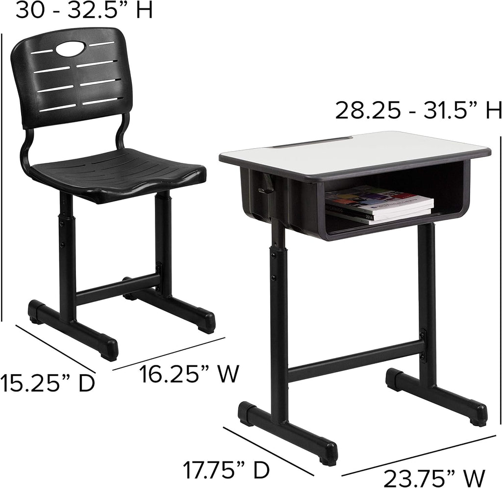 Flash Furniture Adjustable Student Desk and Chair Set for Classrooms or Remote Learning, Adjustable School Desk with Chair and Book Box, Gray/Black