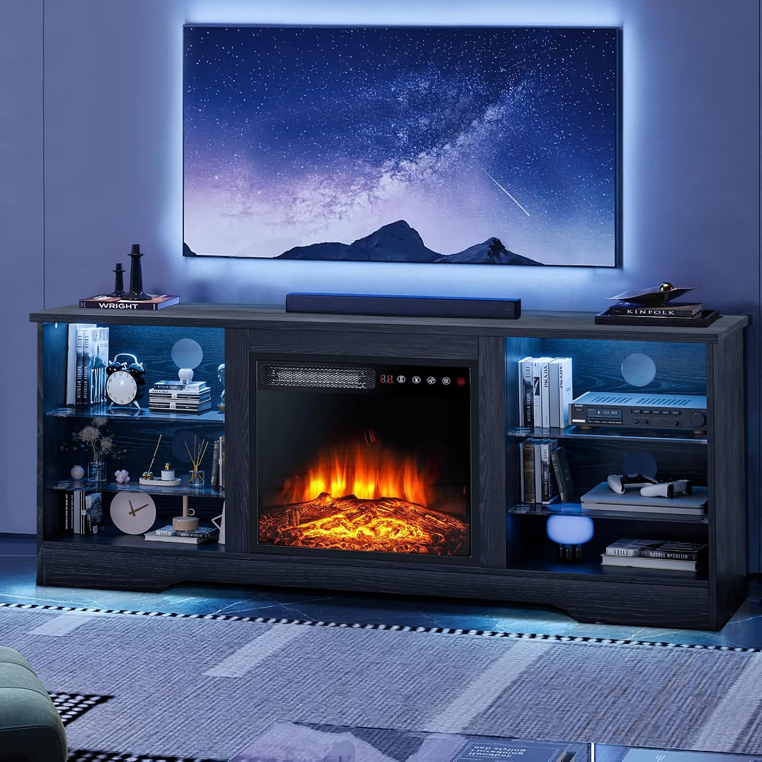 LEMBERI 58 Inches Fireplace TV Stand for TVs up to 65 Inches Console with 18'' Electric Fireplace & Remote, Wooden Modern Entertainment Center for Living Room with LED Light Glass Shelves (Black)