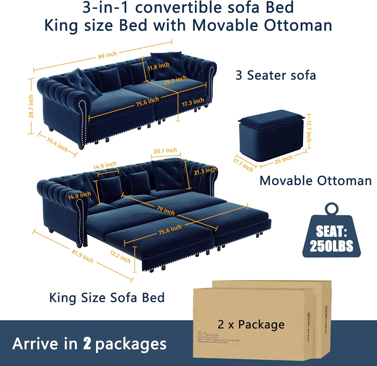 89' King Pull Out Sofa Bed, Velvet Chesterfield Sleeper Sofa Couch, 3 in 1 Convertible Tufted Futon Couches with Ottoman for Living Room, Small Space, Apartment, Office, Bedroom, Blue