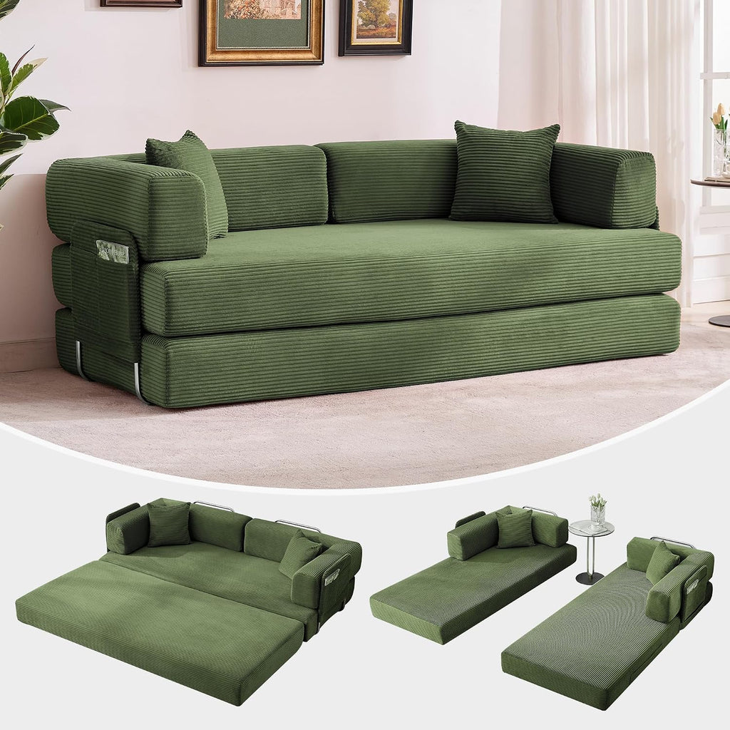 Garvee 5-in-1 Convertible Sofa Bed, 78.8' Modular Corduroy Sleeper with Sturdy Frame & No Assembly, Multi-Functional Futon for Small Space, Living Room & Guest Room (Green) (Green)