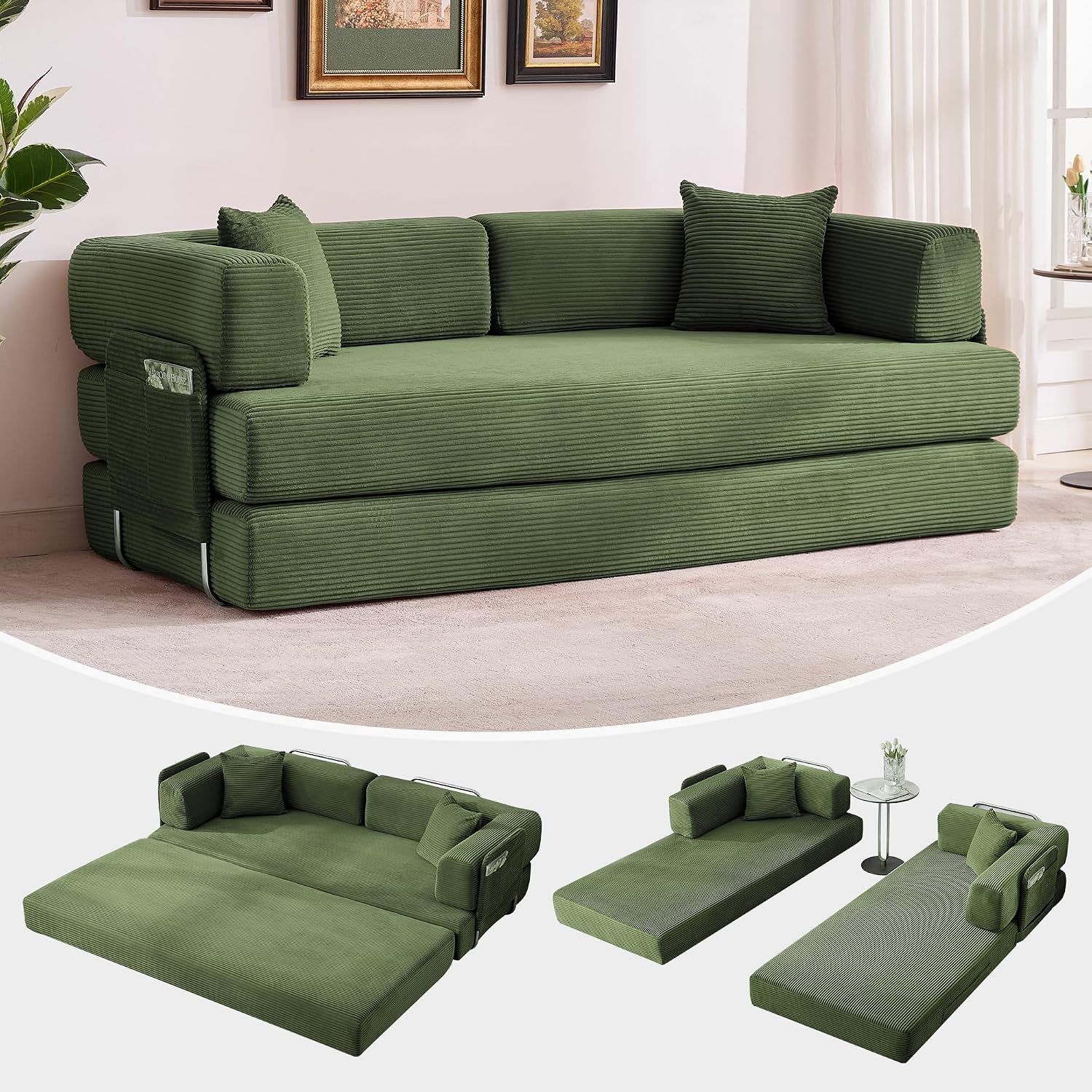Garvee 5-in-1 Convertible Sofa Bed, 78.8' Modular Corduroy Sleeper with Sturdy Frame & No Assembly, Multi-Functional Futon for Small Space, Living Room & Guest Room (Green) (Green)
