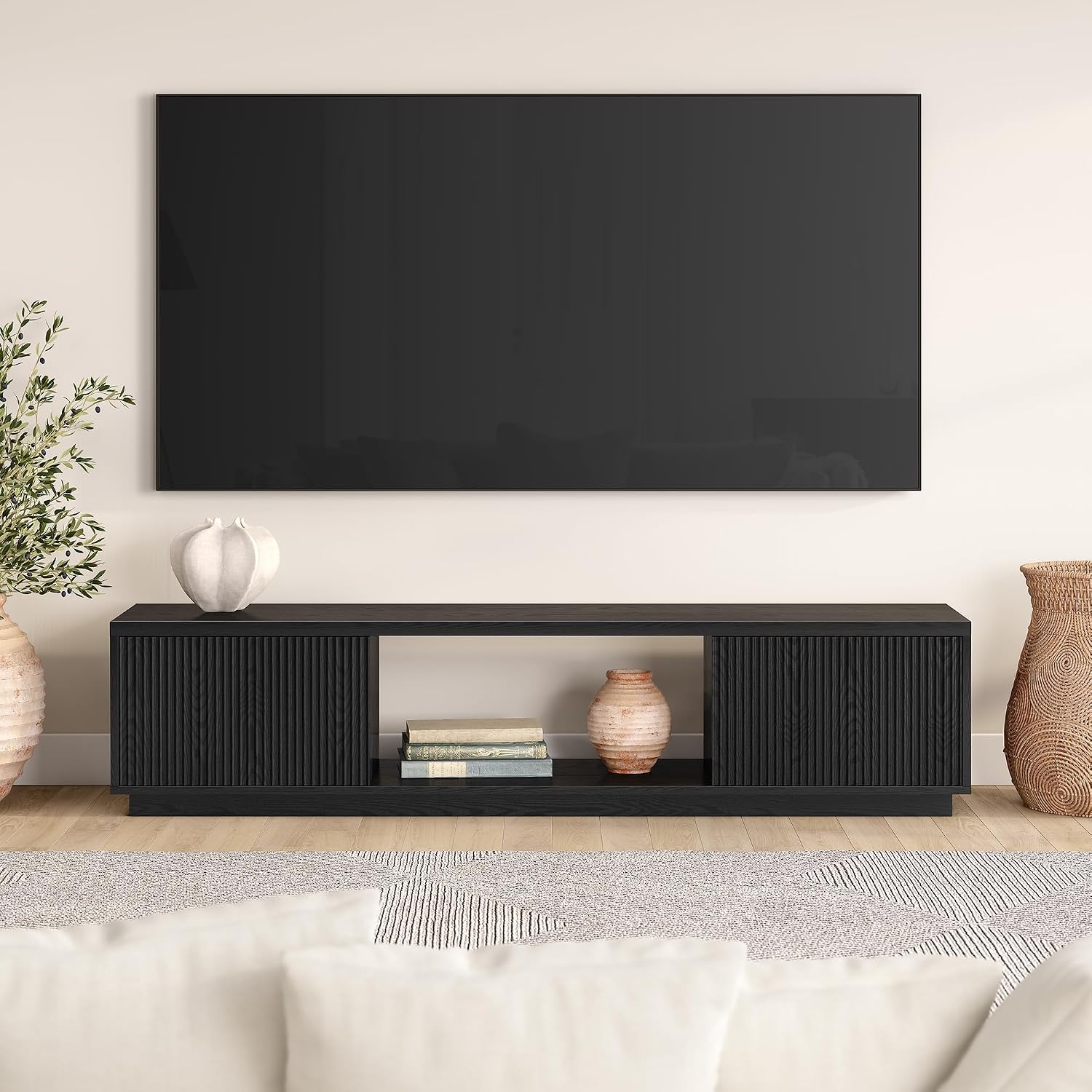 Henn&Hart Fluted TV Stand for TVs up to 78' with 2 Ribbed Side Storage Cabinets and Open Center Storage for Living Room, Family Room, or Office, Natural Black